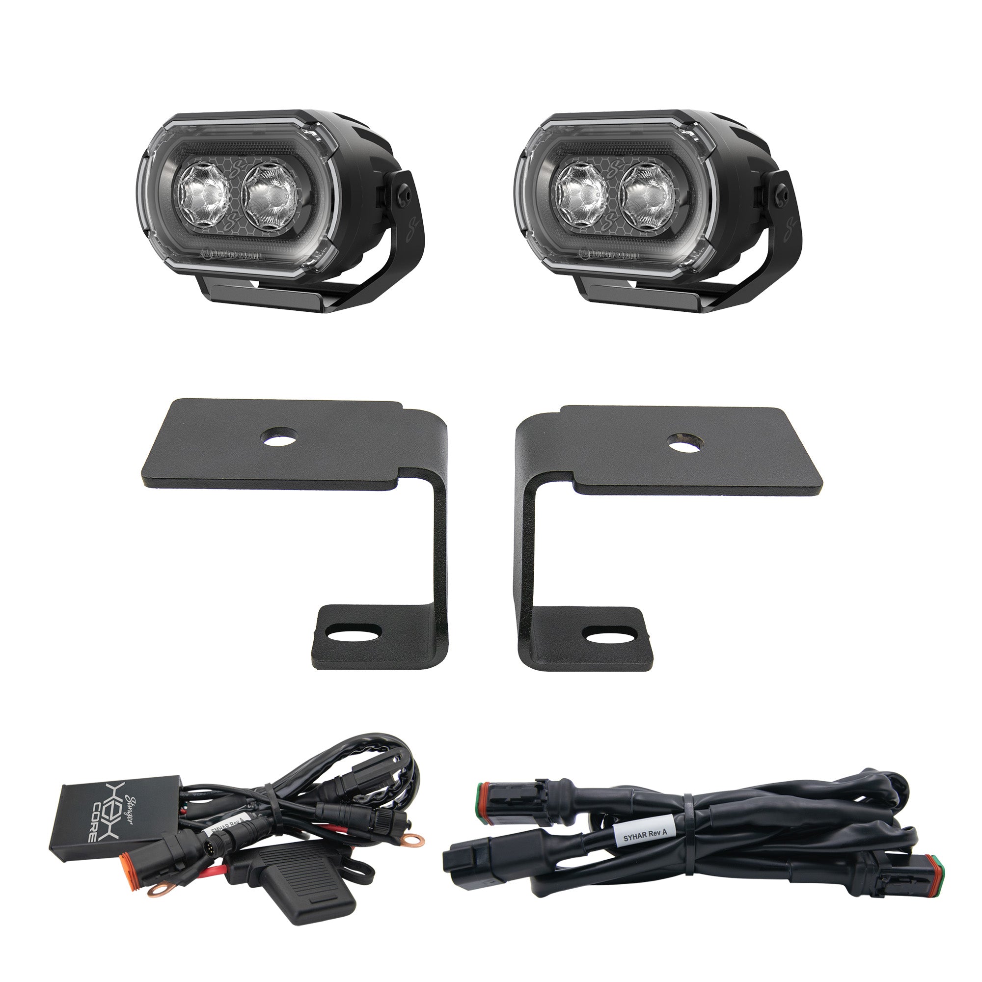 A pair of black LED auxiliary truck bed lights with two mounting brackets and two wiring harnesses, displayed on a clean white background.