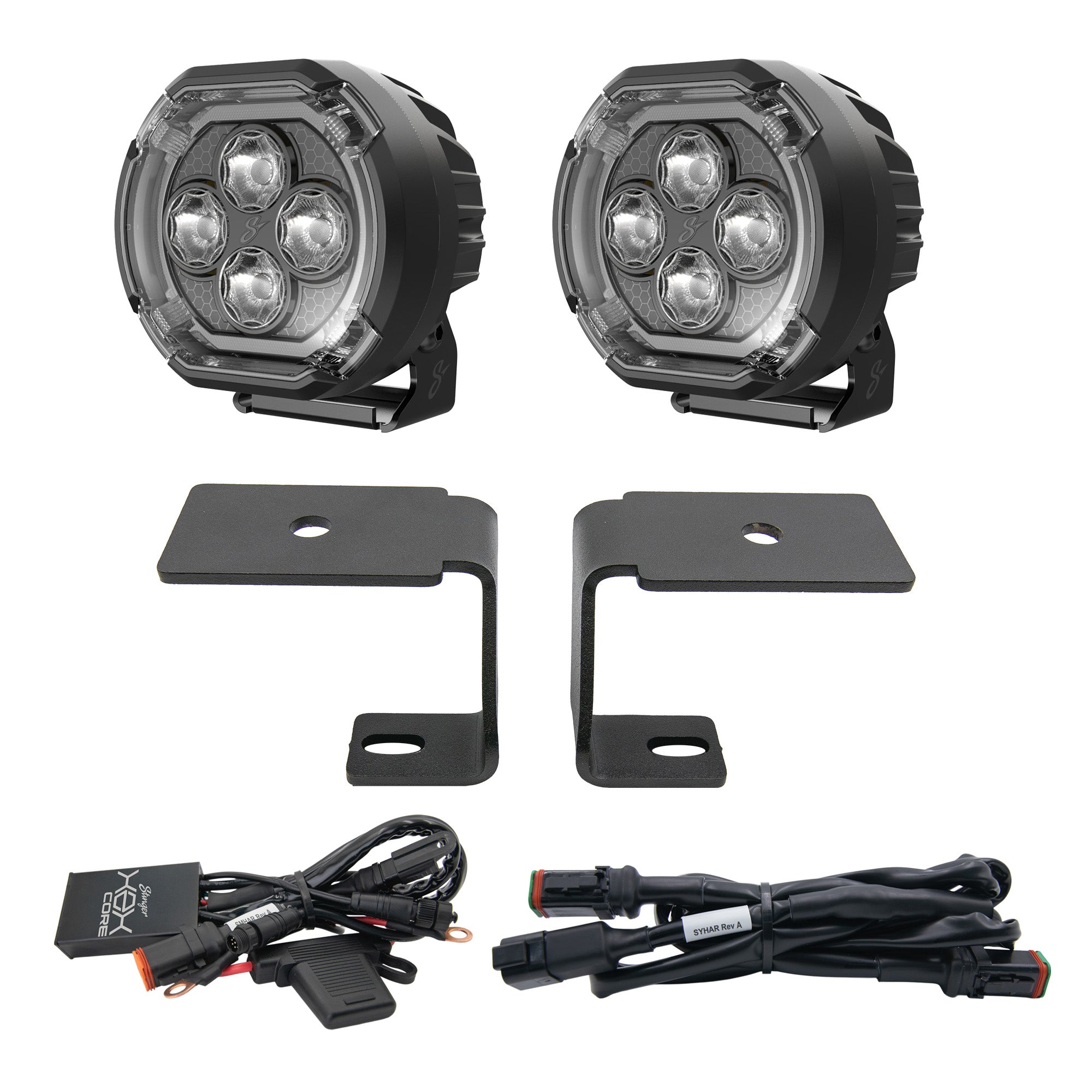 A pair of black round LED off-road light fixtures with four clear LEDs each, shown with two black mounting brackets and two black wiring harnesses on a plain white background.
