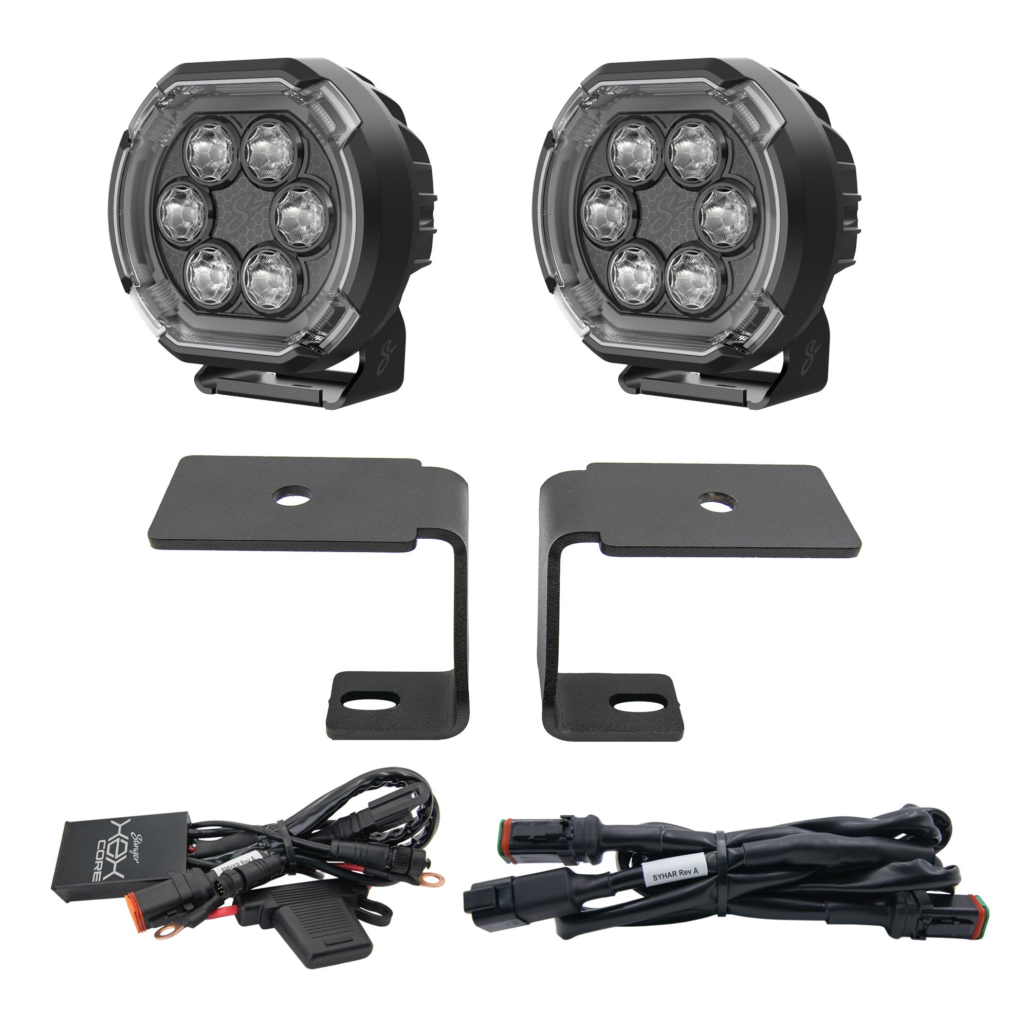 Two black LED work light headlights with four clear lenses each, shown with two black mounting brackets and two black wiring harnesses on a plain white background.