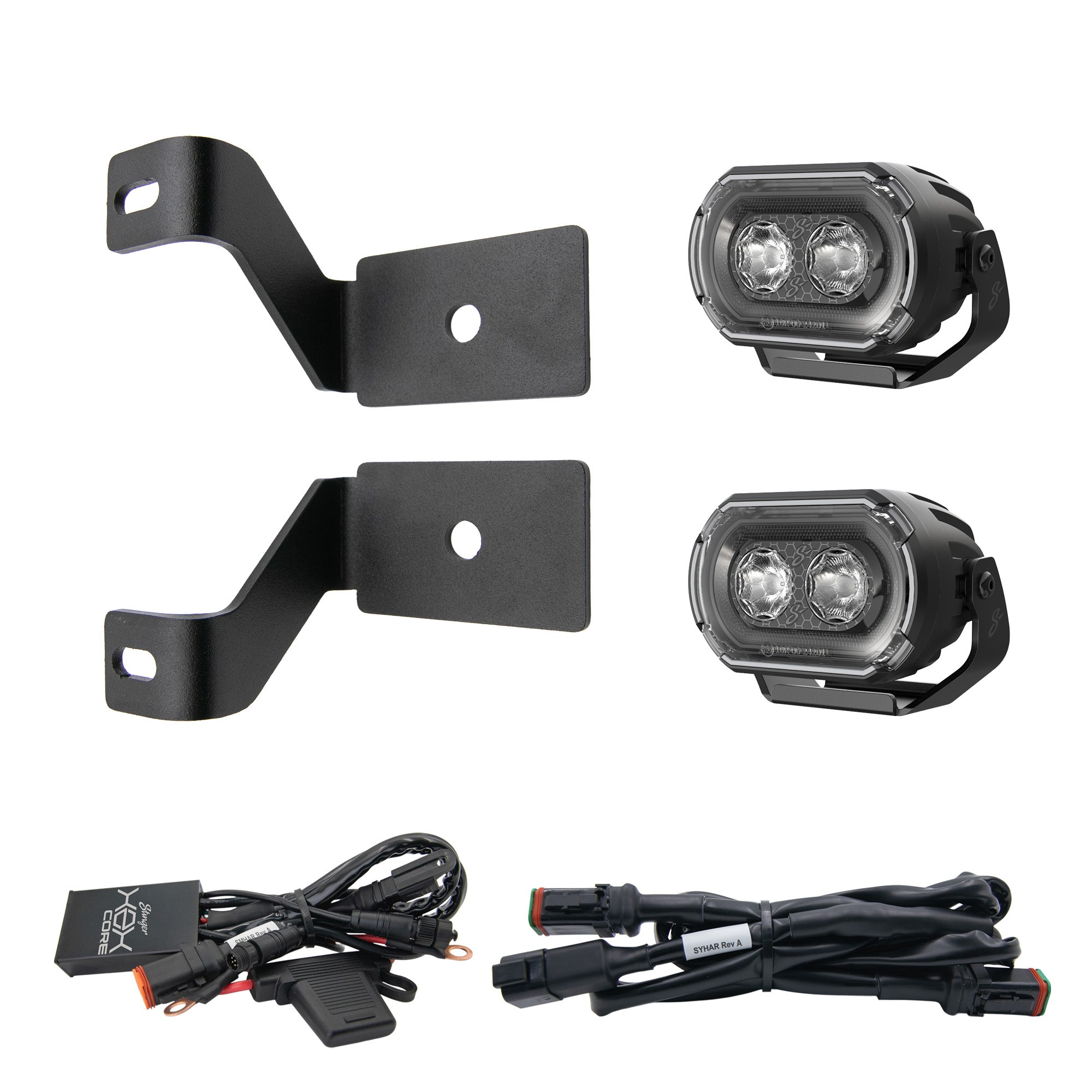A 2-light off-road vehicle light kit with two black dual-LED light units, two black mounting brackets, wiring harnesses, and a fuse box, arranged on a plain white background.