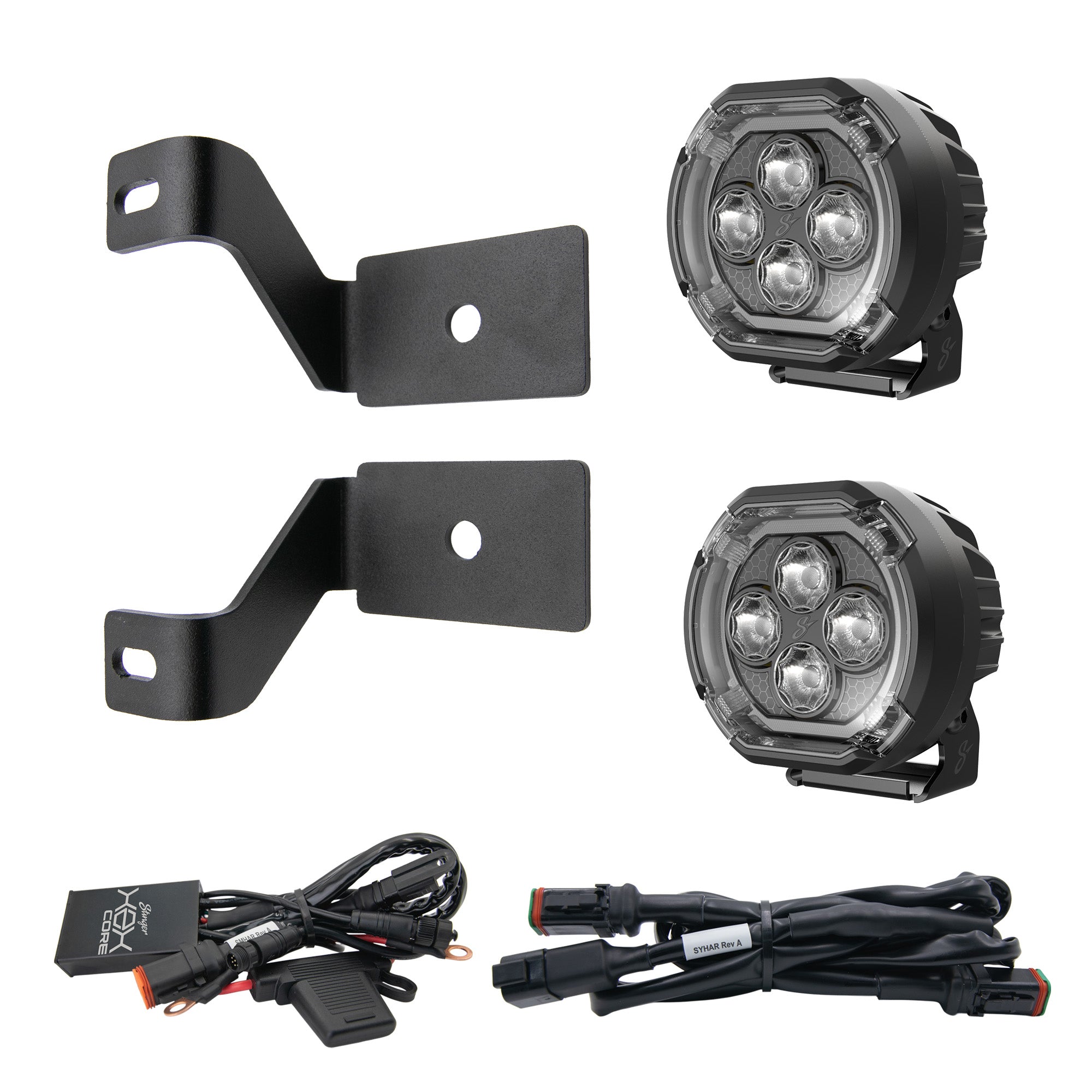 A 2-pack of black LED off-road light pods with two black metal mounting brackets, wiring harnesses, and a black electrical box on a solid white background.