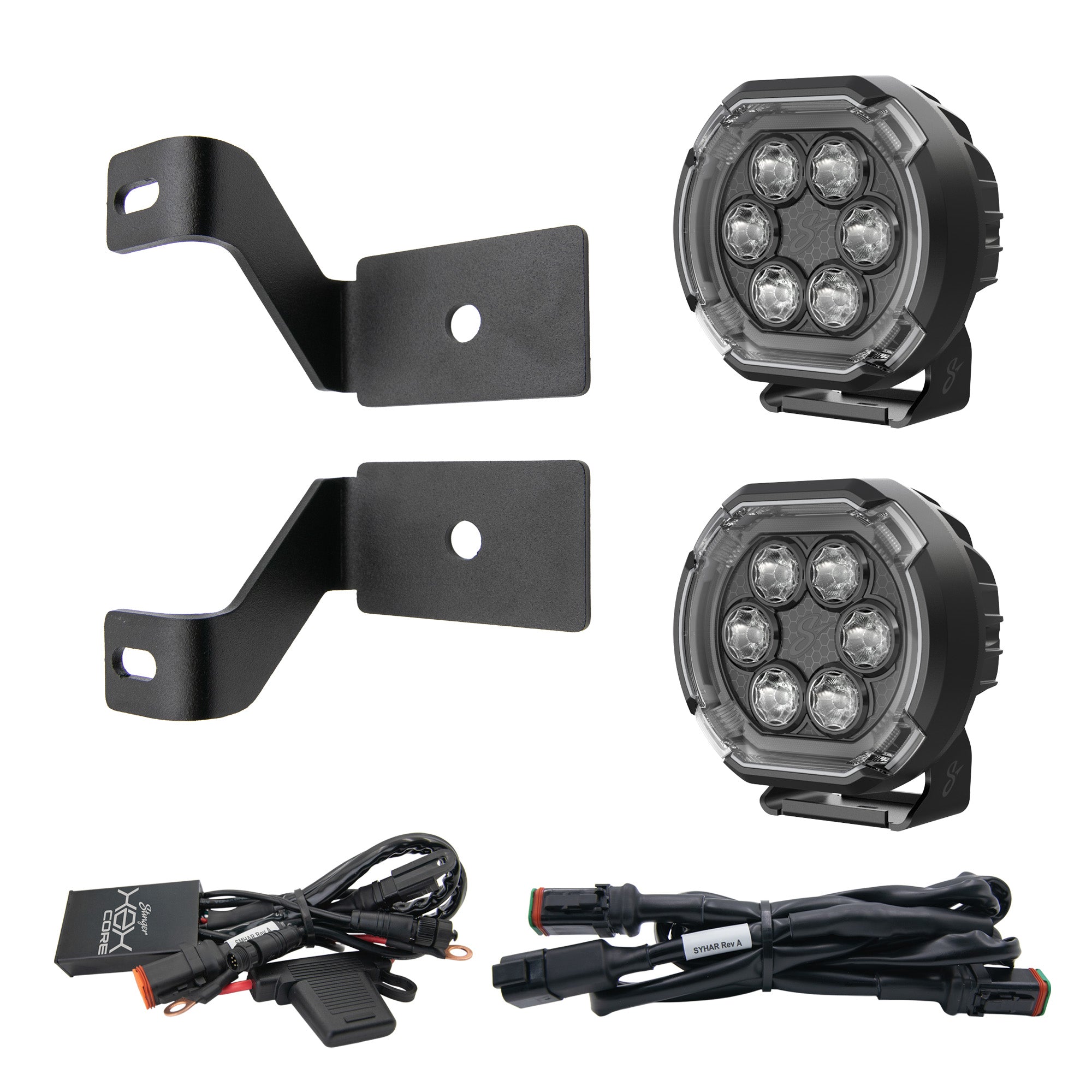 A 2-pack of black LED off-road fog lights with mounting brackets and wiring harnesses on a white background.