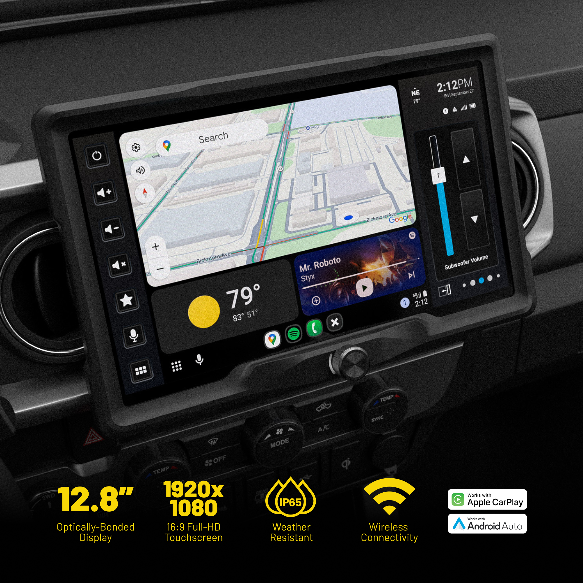 Vehicle infotainment touchscreen display showing navigation and media controls with technical specifications listed below
