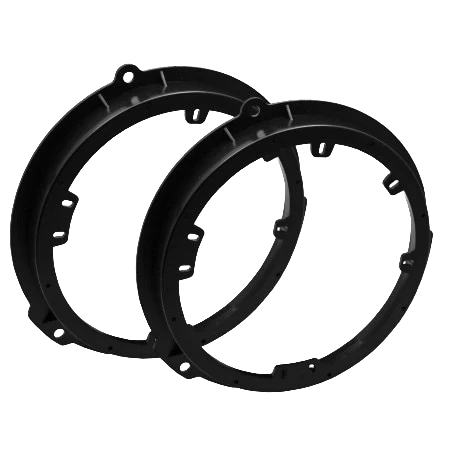 Two black circular plastic car speaker mounting brackets