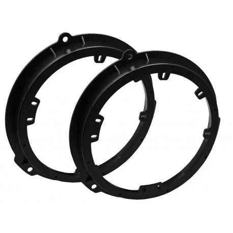 Two black circular speaker mounting brackets