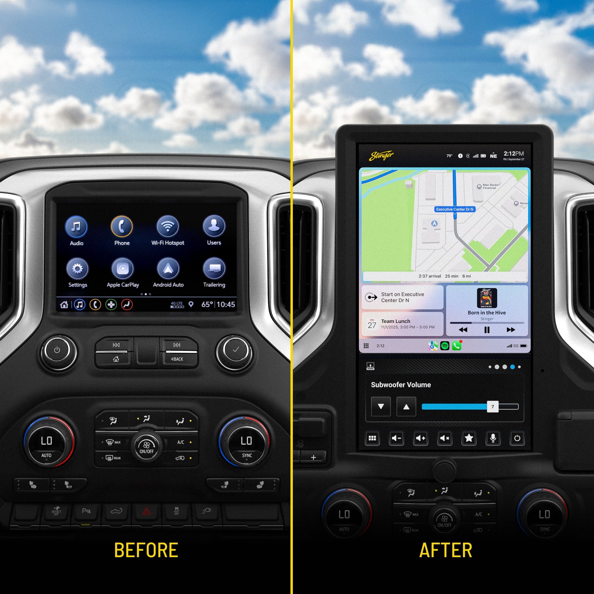 Comparison of vehicle dashboard infotainment screen before and after Stinger display upgrade