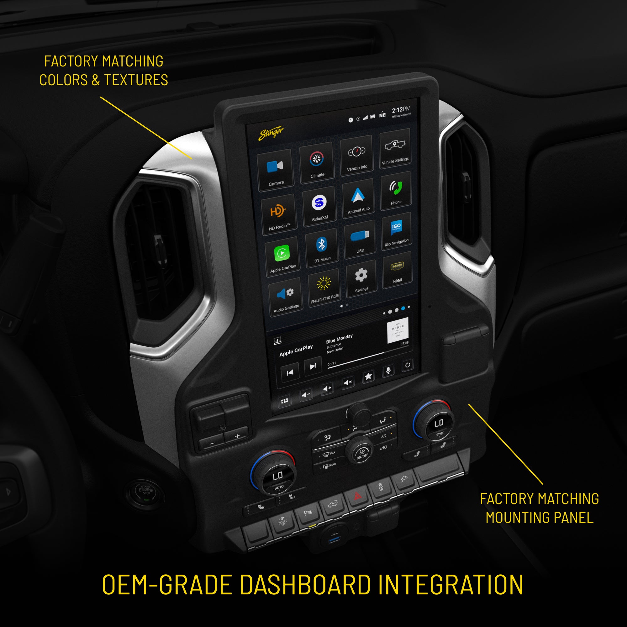 Stinger infotainment system installed in a vehicle dashboard with factory matching trim and mounting panel