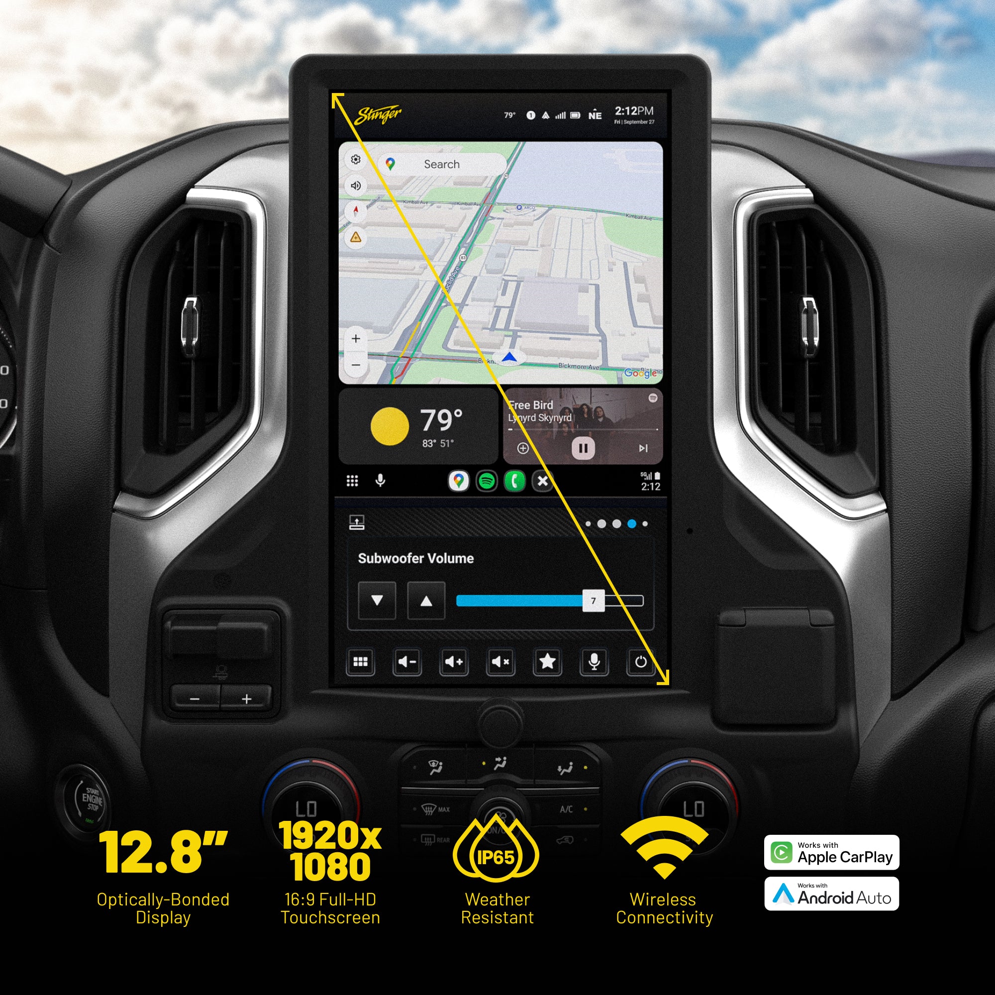 Stinger 12.8 inch touchscreen display in a vehicle dashboard showing navigation and media controls