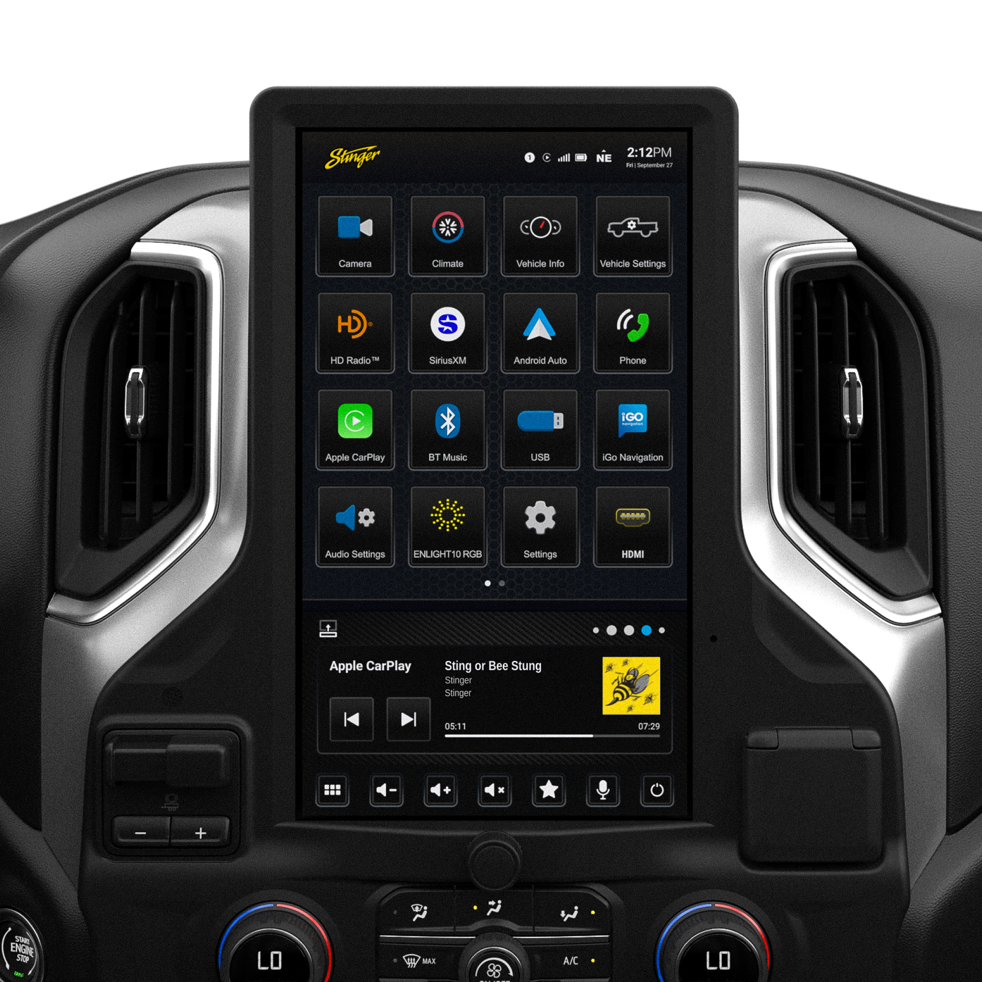 Stinger vehicle infotainment touchscreen display with app icons and climate controls