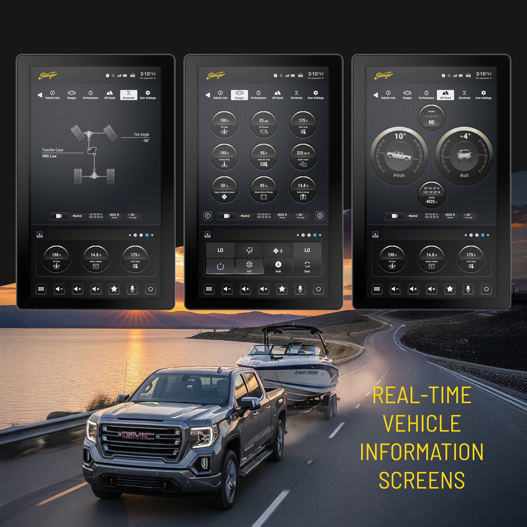 Three Stinger digital vehicle information screens showing drivetrain and performance data above a truck towing a boat