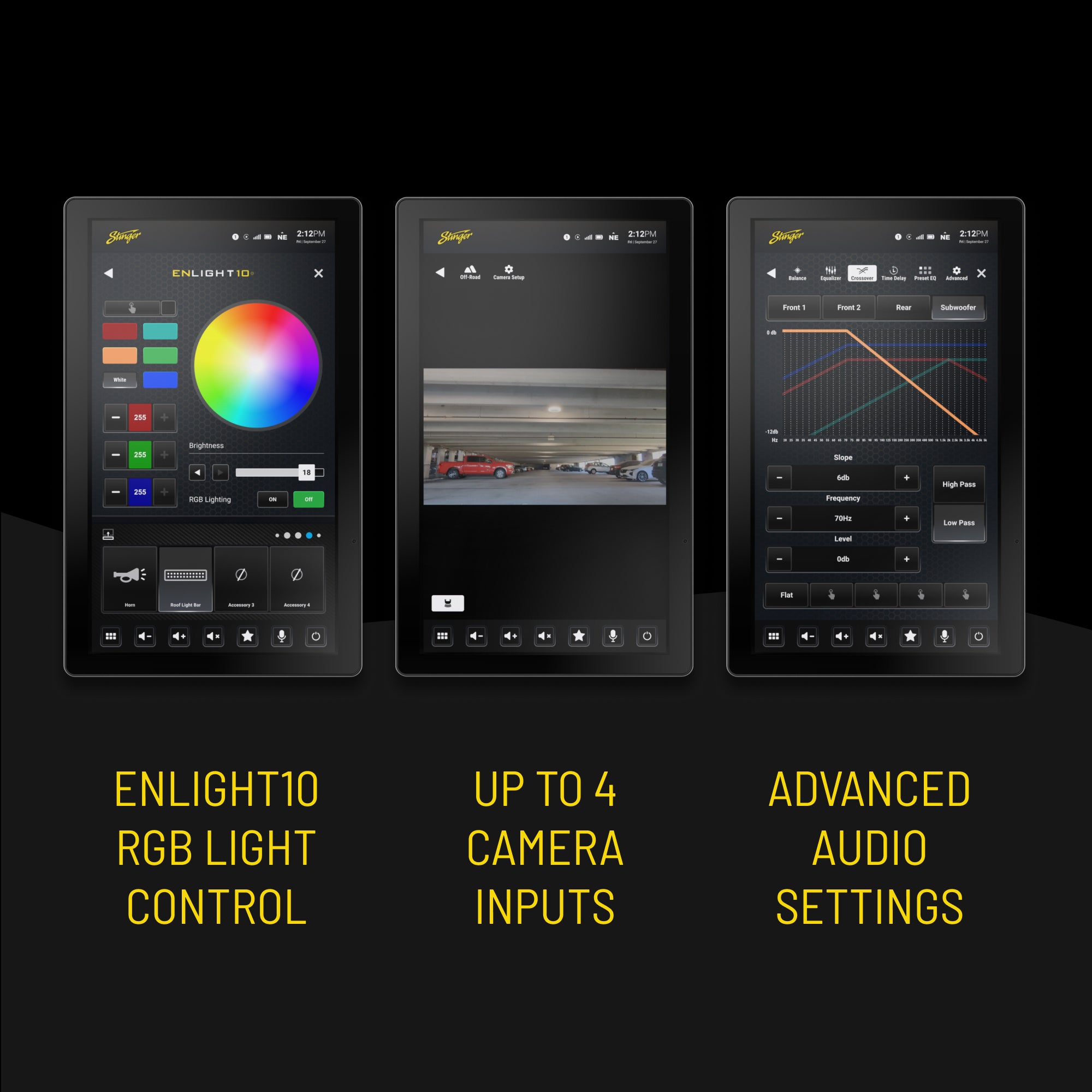 Three digital displays showing RGB light controls, camera feed, and audio equalizer settings