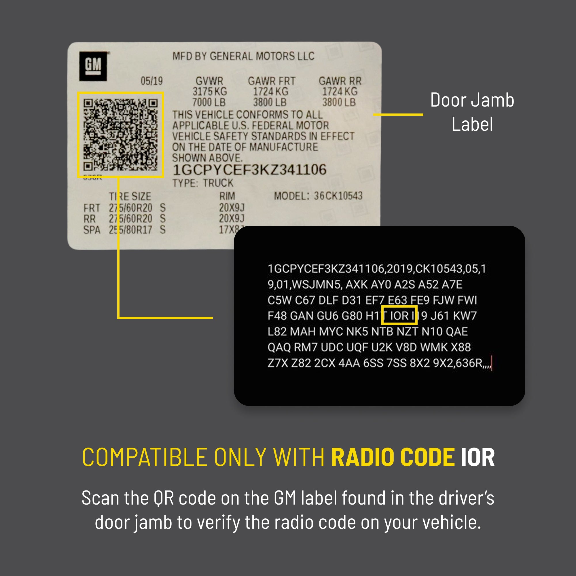 GM vehicle door jamb label showing QR code and radio code IOR location