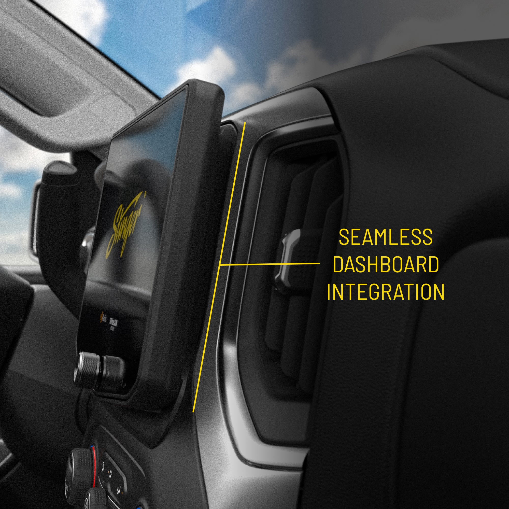 Stinger infotainment display installed in a vehicle dashboard showing seamless integration
