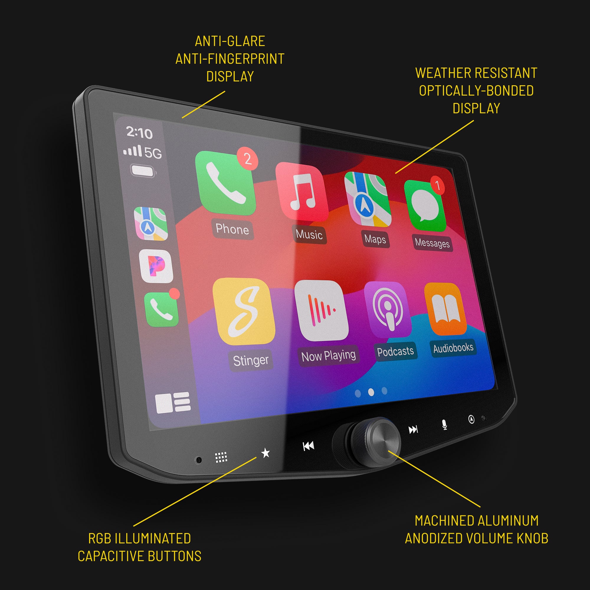 Digital car display with app icons and labels for display features and volume knob