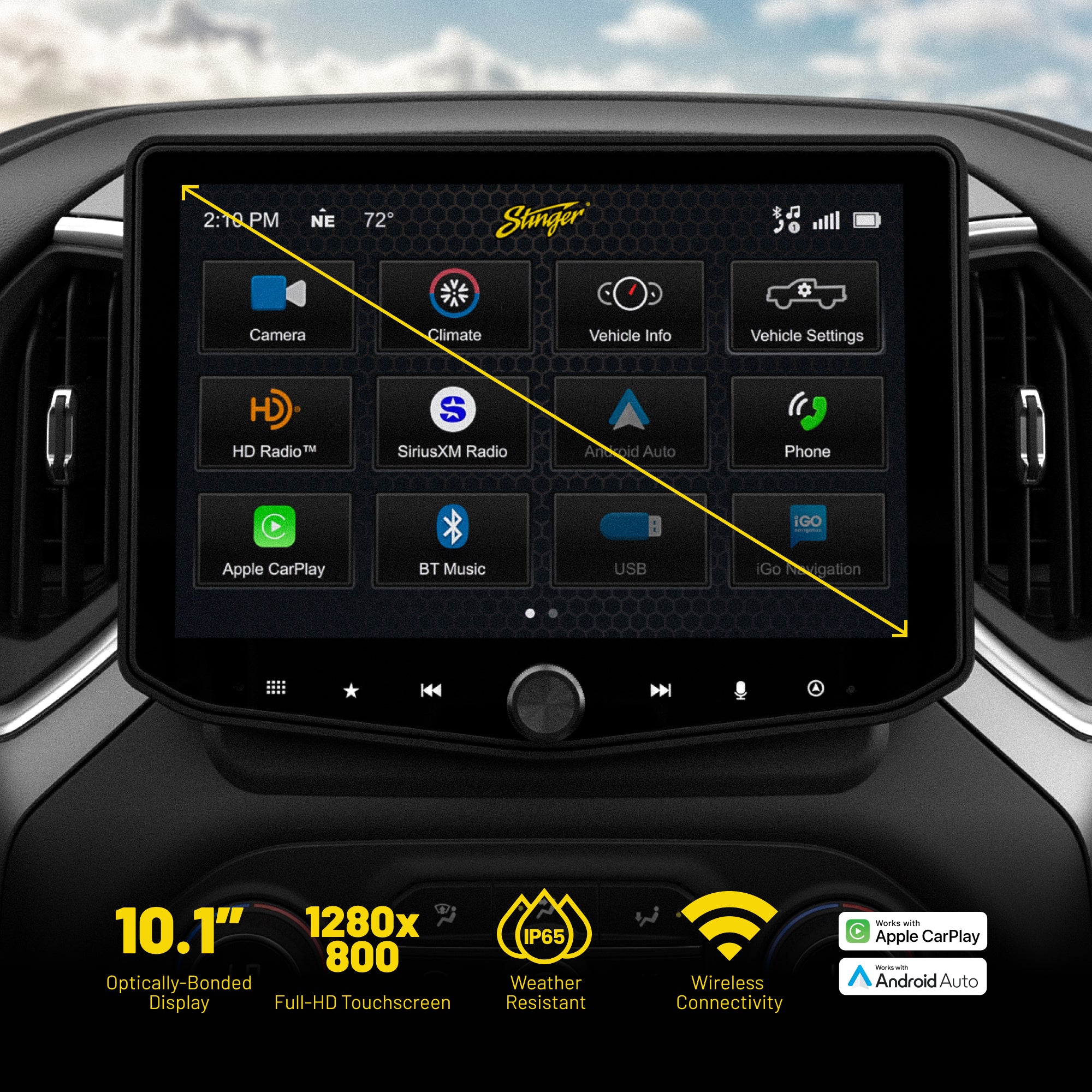 Stinger 10.1 inch touchscreen display with app icons and wireless connectivity features