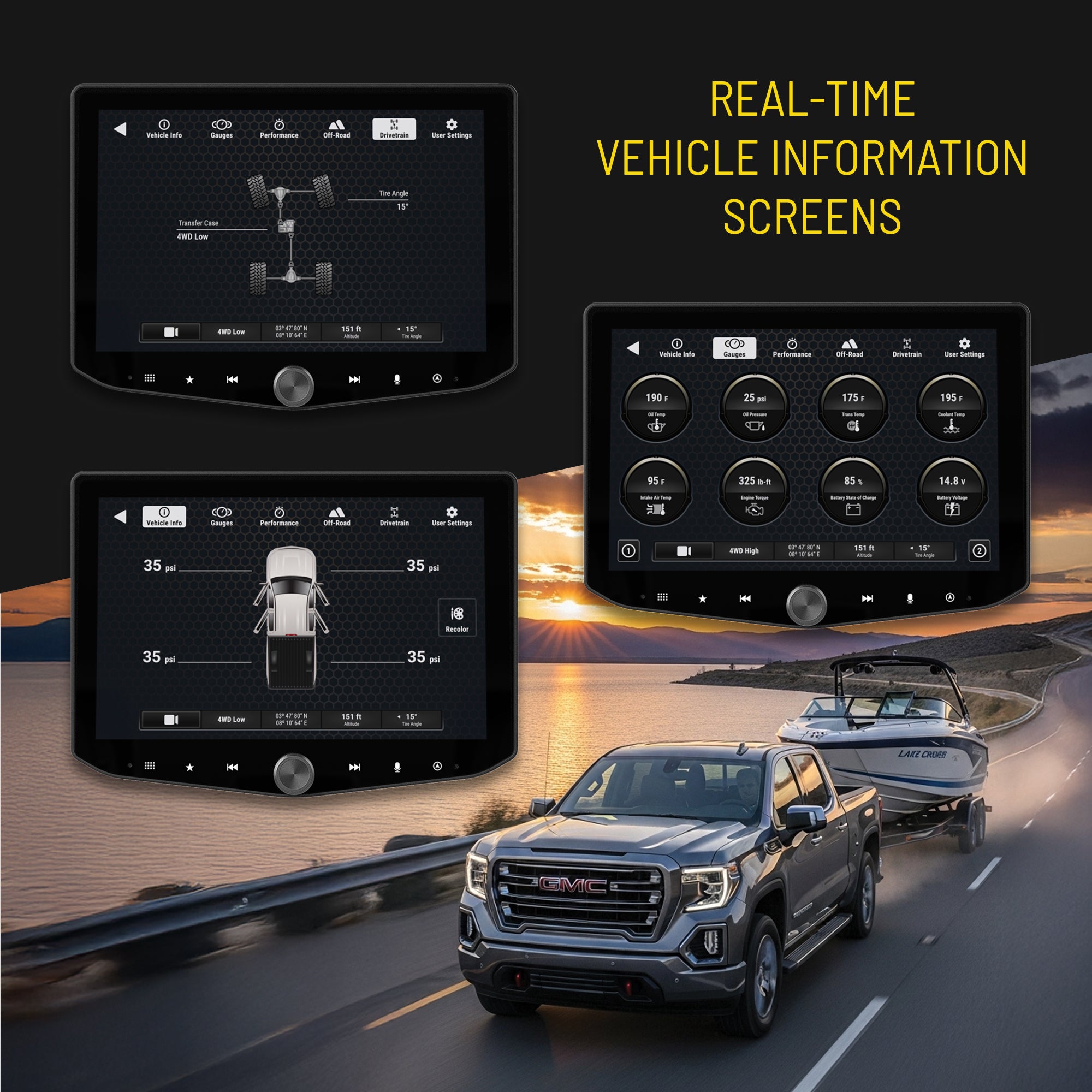 GMC vehicle infotainment screens showing drivetrain, tire pressure, and engine gauges while towing a boat