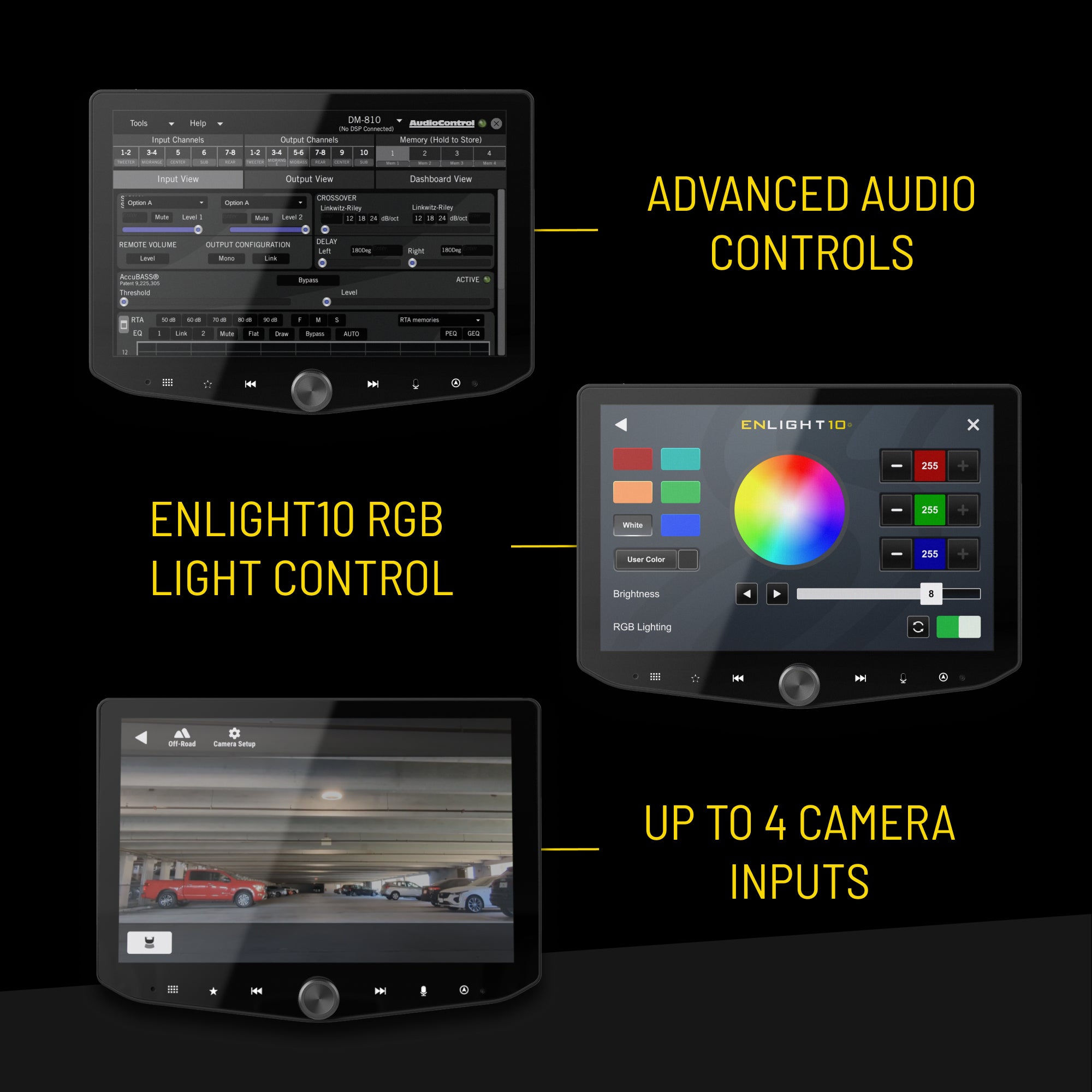 Stinger display screens showing audio controls, RGB light settings, and camera input views