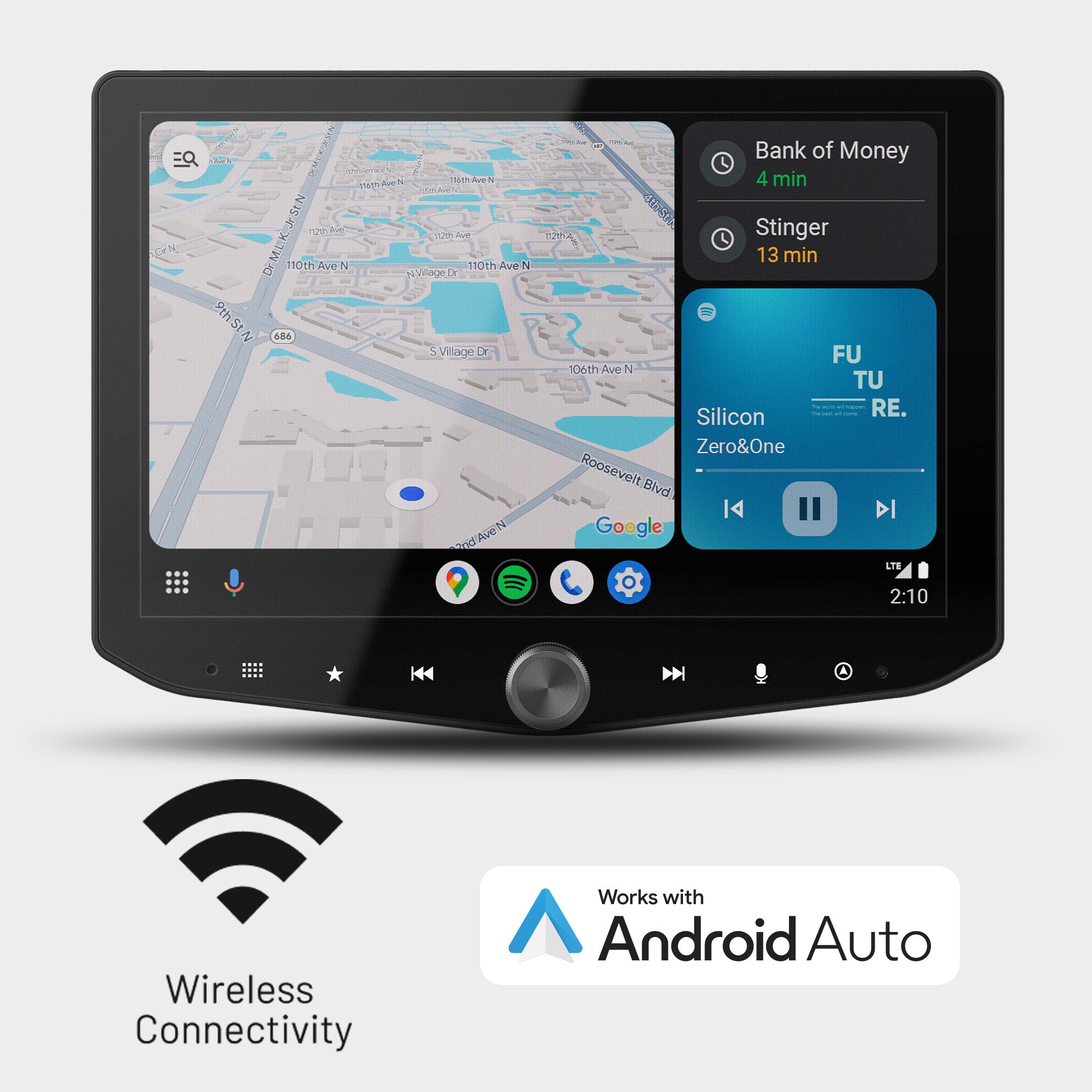 Car infotainment display showing navigation map and music player with Android Auto logo and wireless connectivity icon