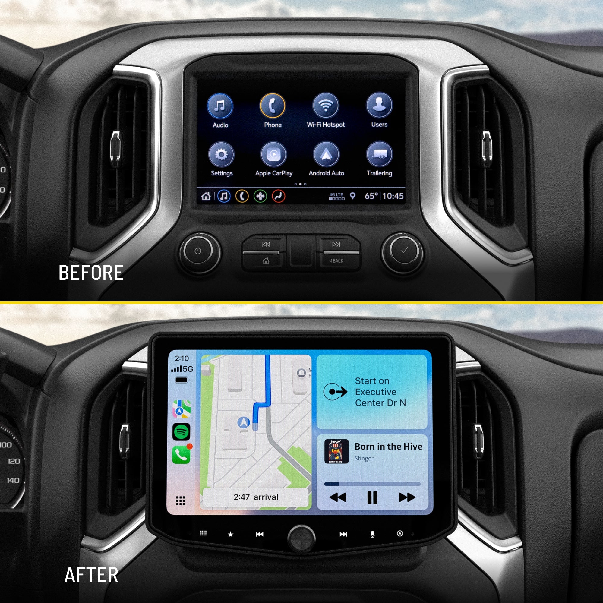 Stinger infotainment system upgrade showing factory screen before and larger touchscreen interface after installation