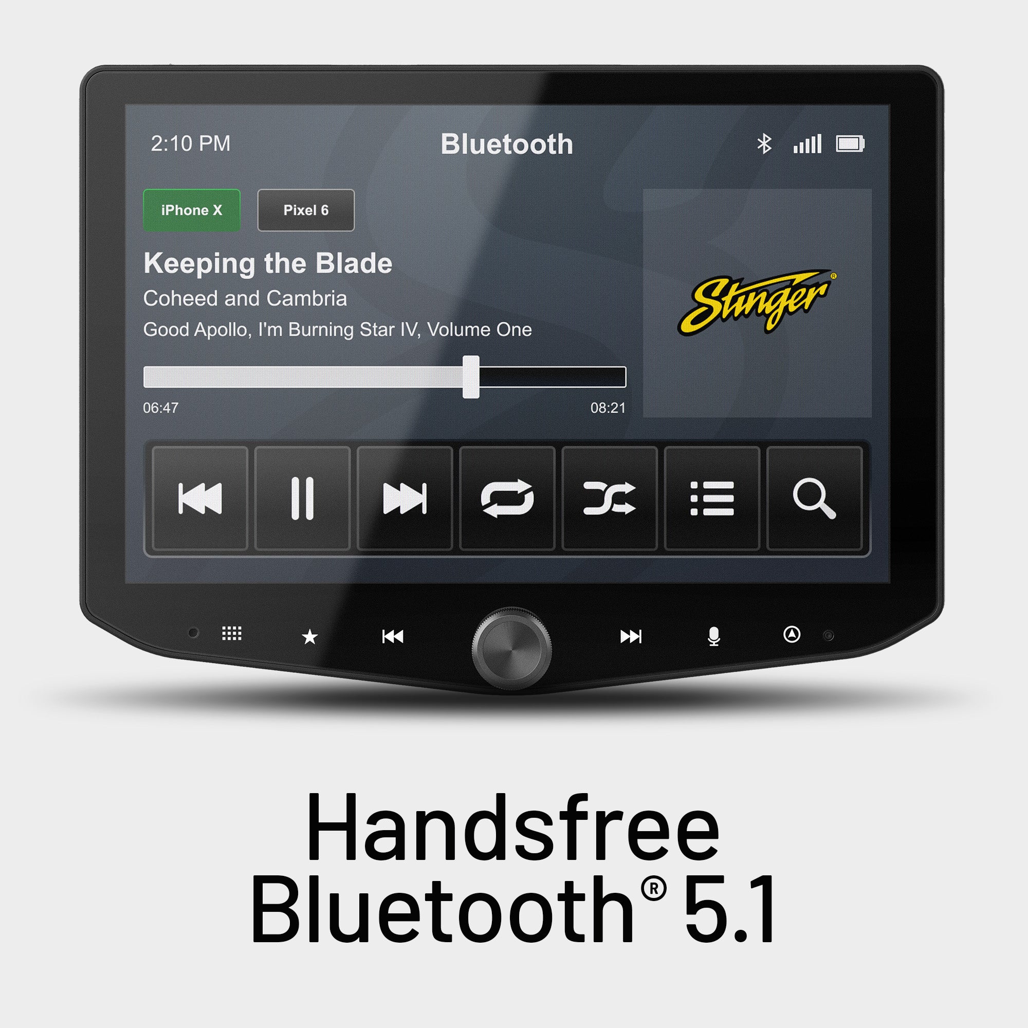 Stinger car audio touchscreen display showing Bluetooth music playback interface