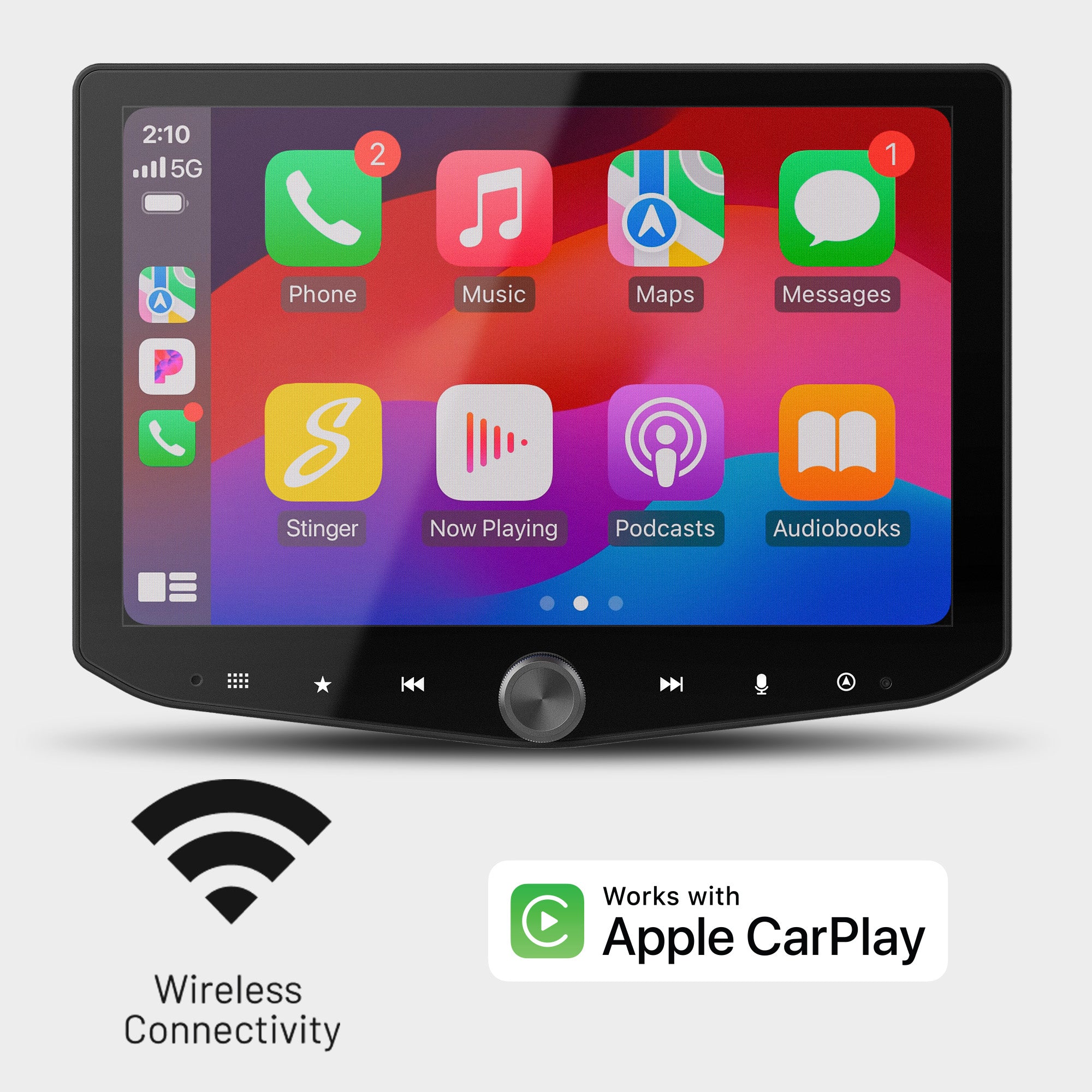Car infotainment screen displaying Apple CarPlay interface with wireless connectivity and Apple CarPlay logo
