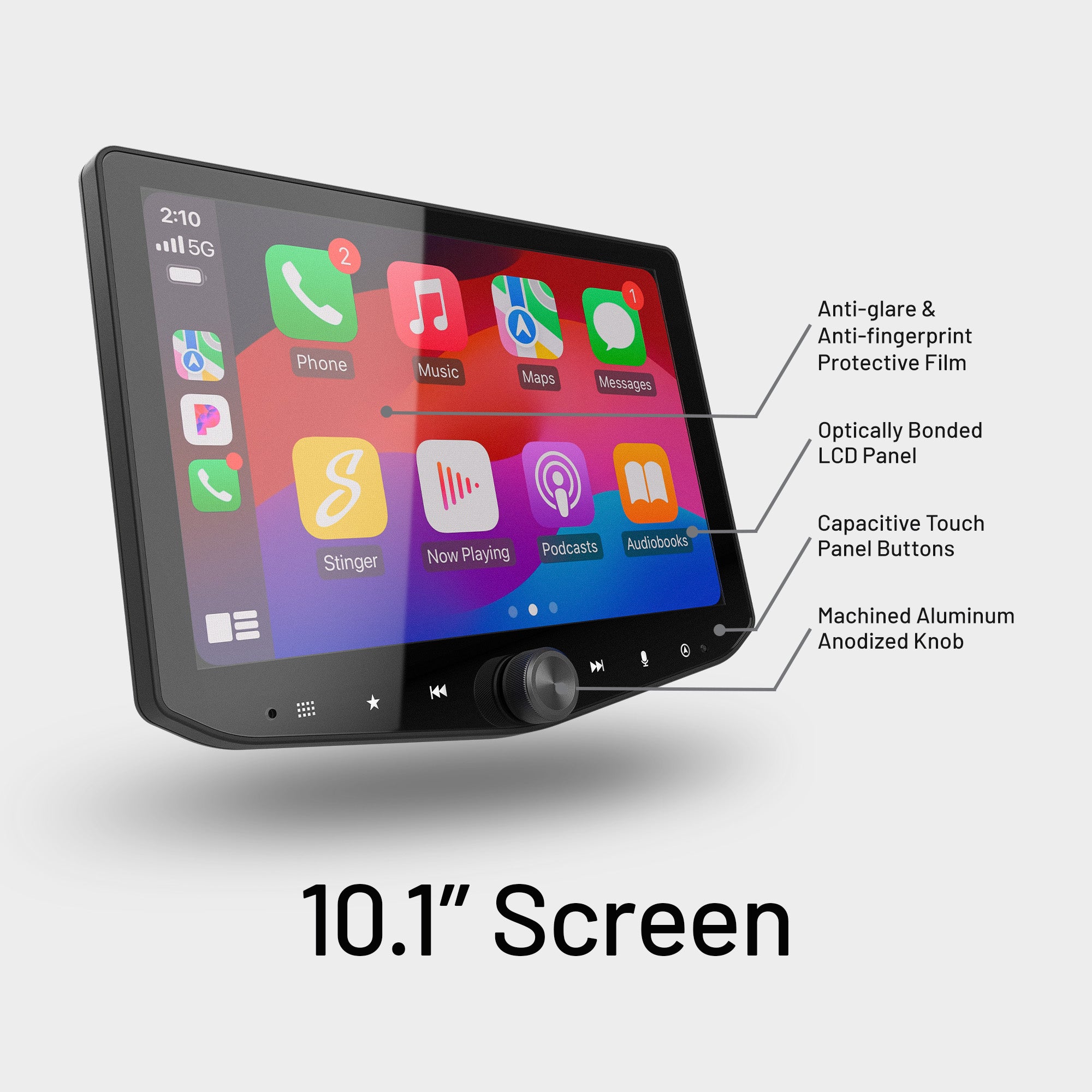 Ten inch car infotainment display with labeled features including screen film LCD panel touch buttons and knob