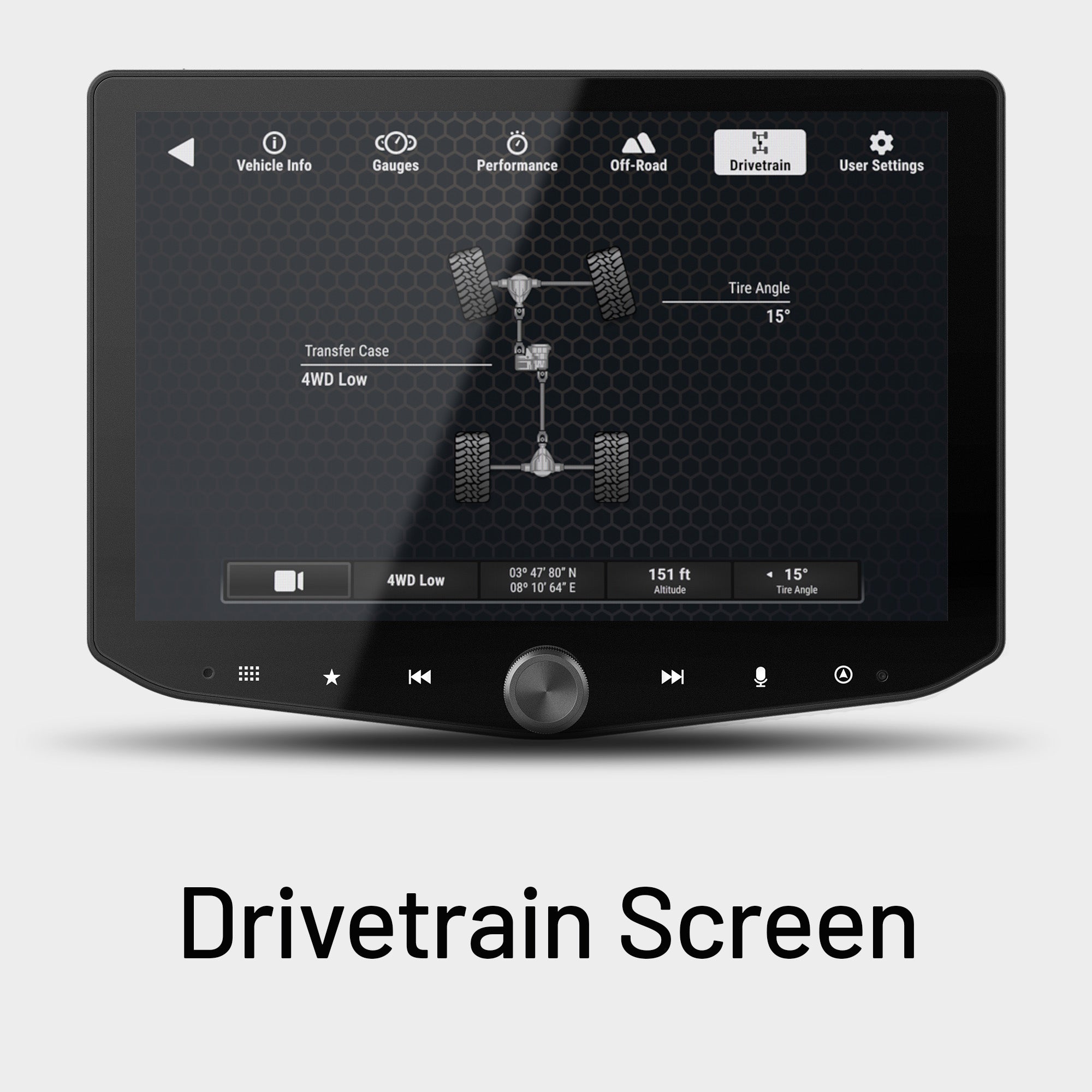 Vehicle infotainment screen displaying drivetrain status with tire angle and transfer case settings