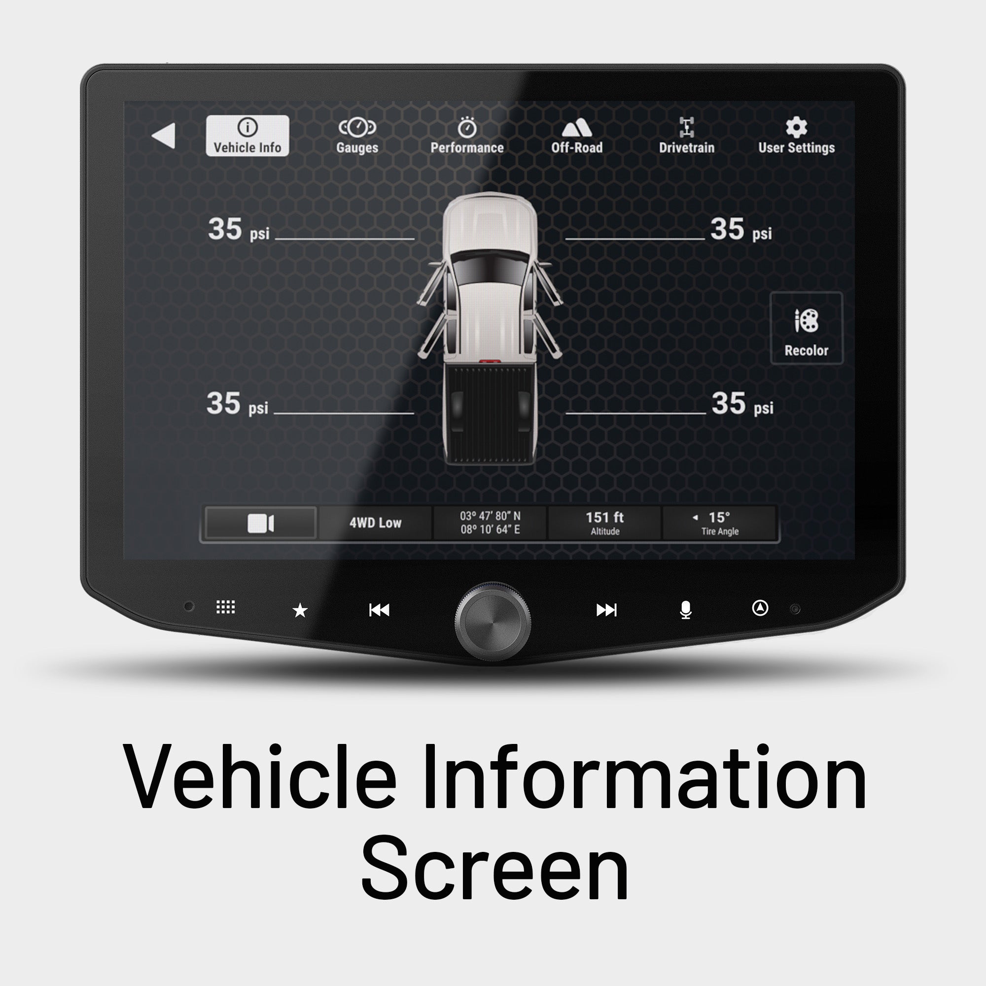 Stinger vehicle information touchscreen display showing tire pressure and off-road data