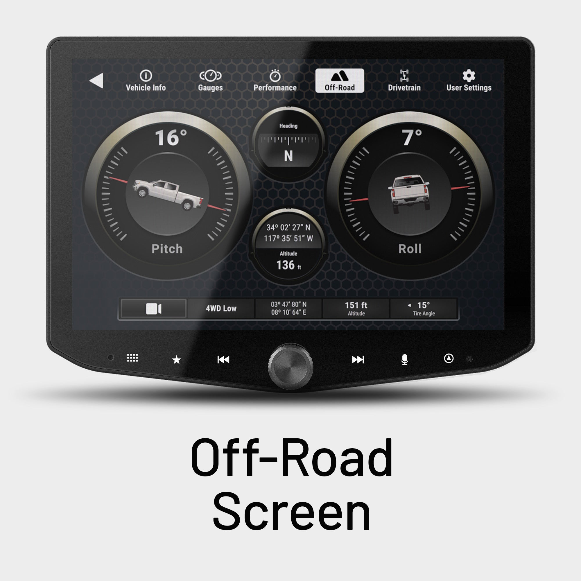Stinger off-road digital display showing vehicle pitch roll heading and altitude data