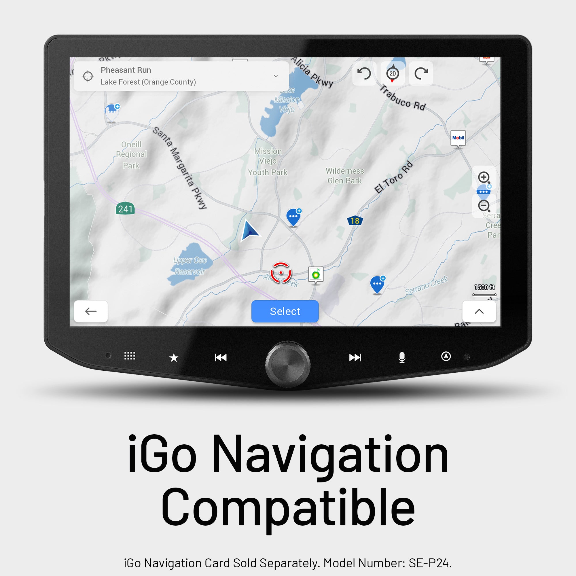 Digital car navigation screen displaying a map interface with route planning options