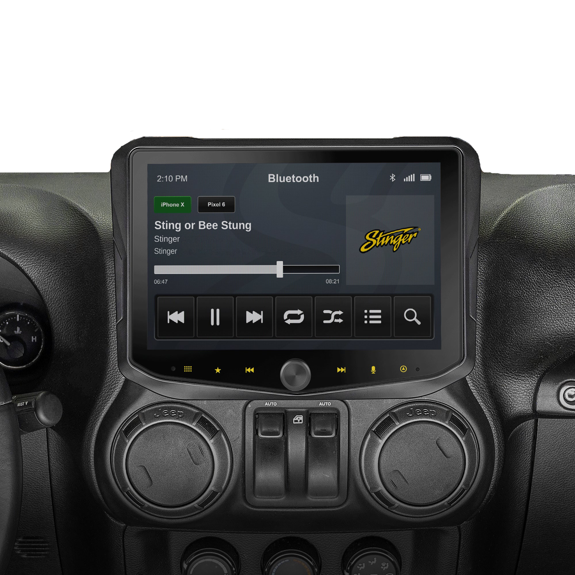 Stinger infotainment touchscreen display mounted in a Jeep dashboard
