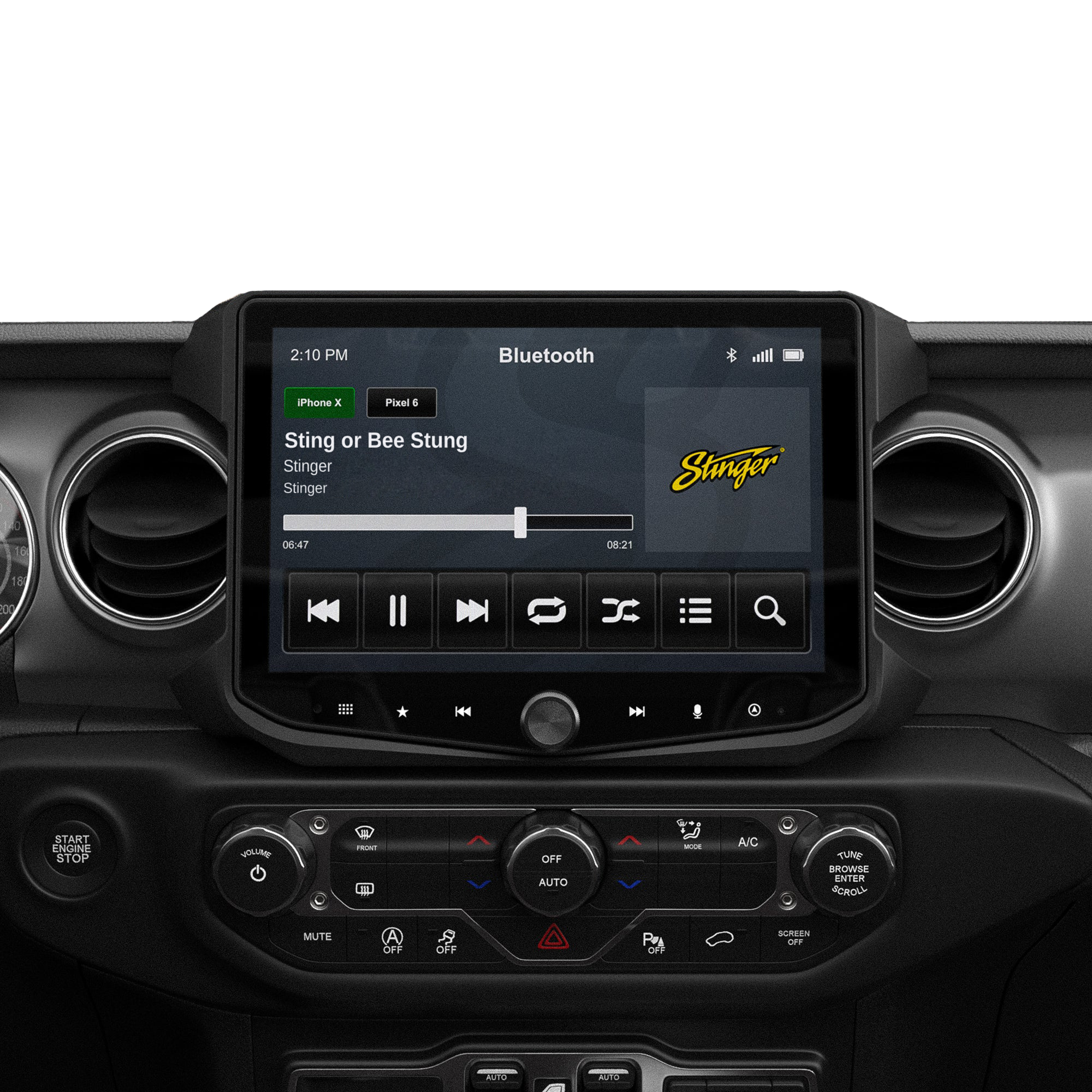 Vehicle infotainment touchscreen displaying Bluetooth music playback interface