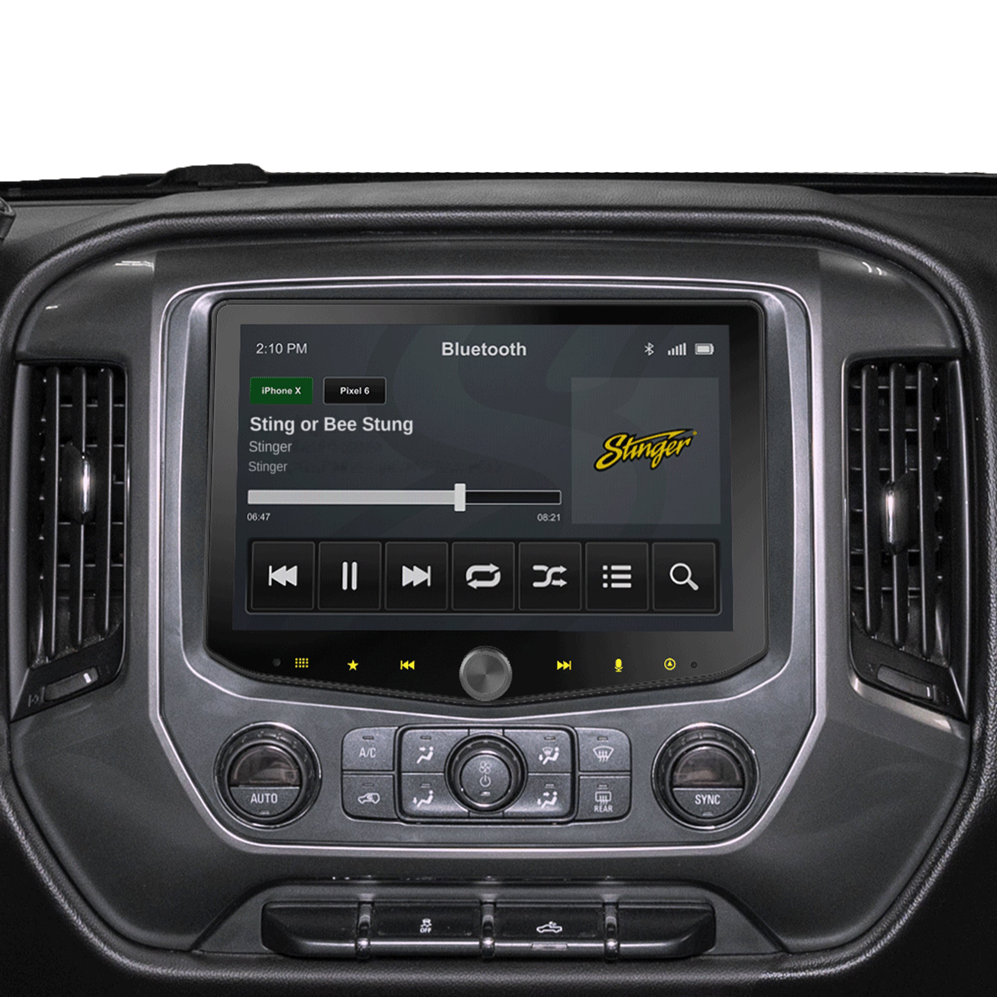Stinger car infotainment system display showing music playback interface