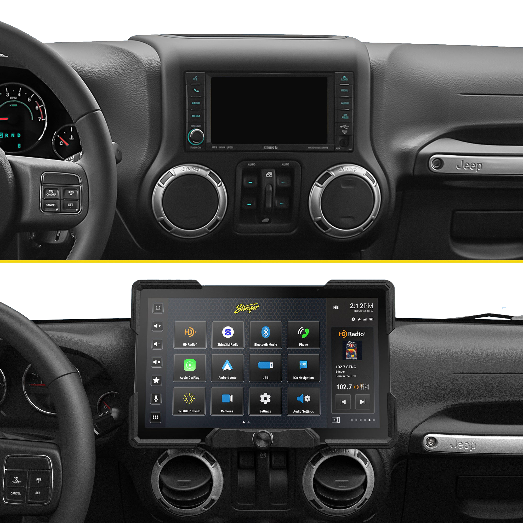 Jeep dashboard before and after installing a Stinger touchscreen infotainment system