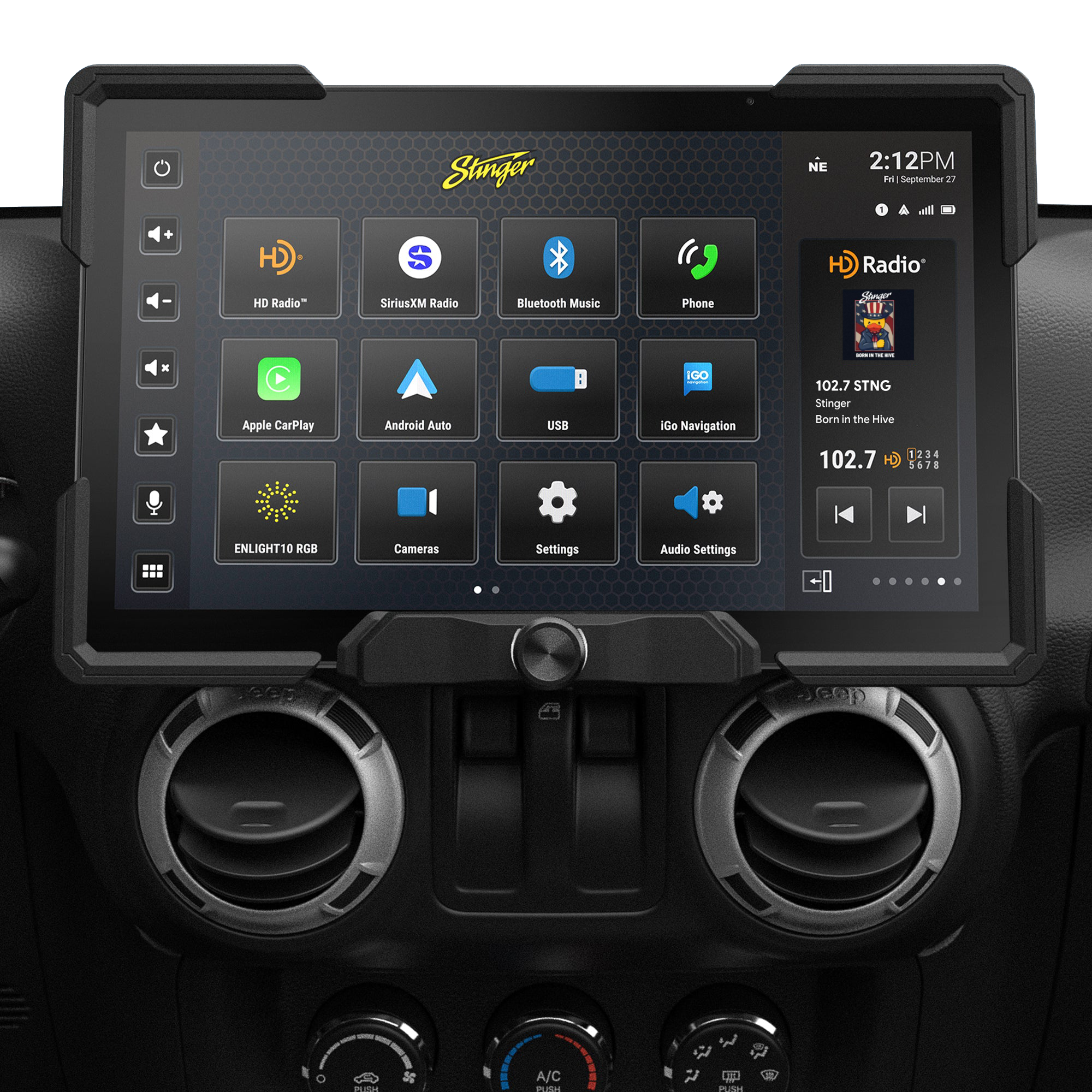 Stinger touchscreen infotainment system mounted in a Jeep dashboard