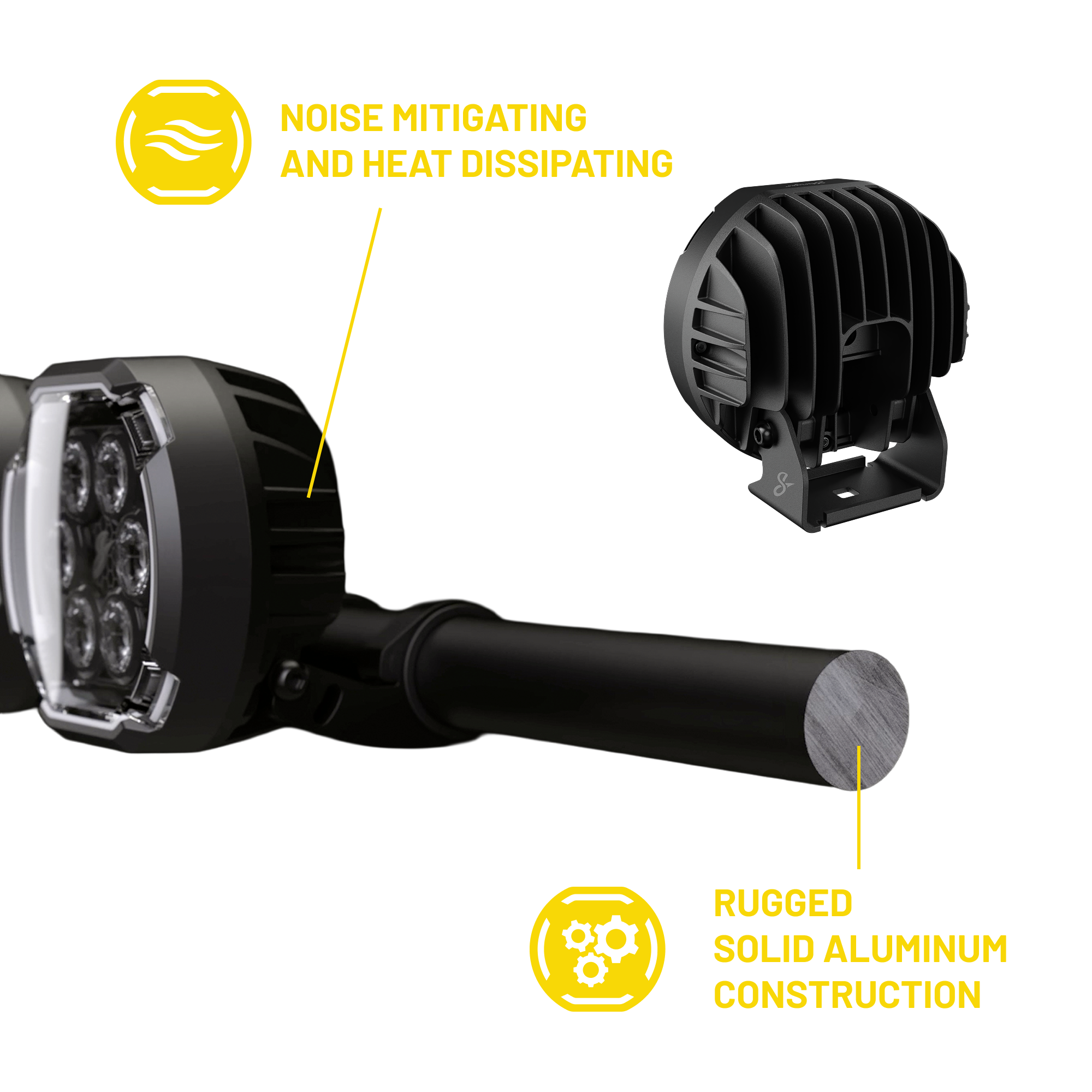 Diagram of LED light showing heat dissipating fins and solid aluminum mounting bar
