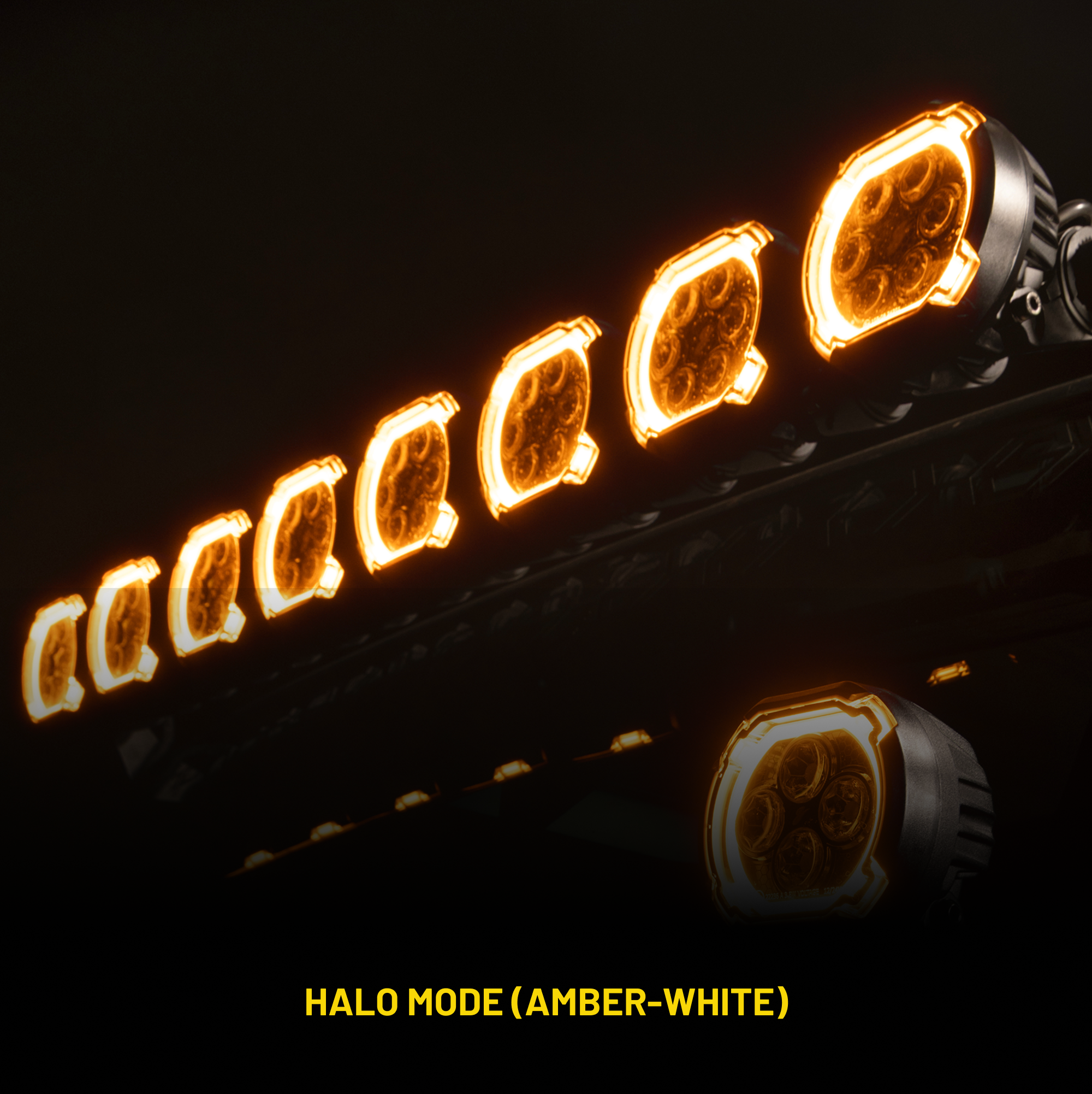 Stinger LED light bar with amber halo rings illuminated against a black background