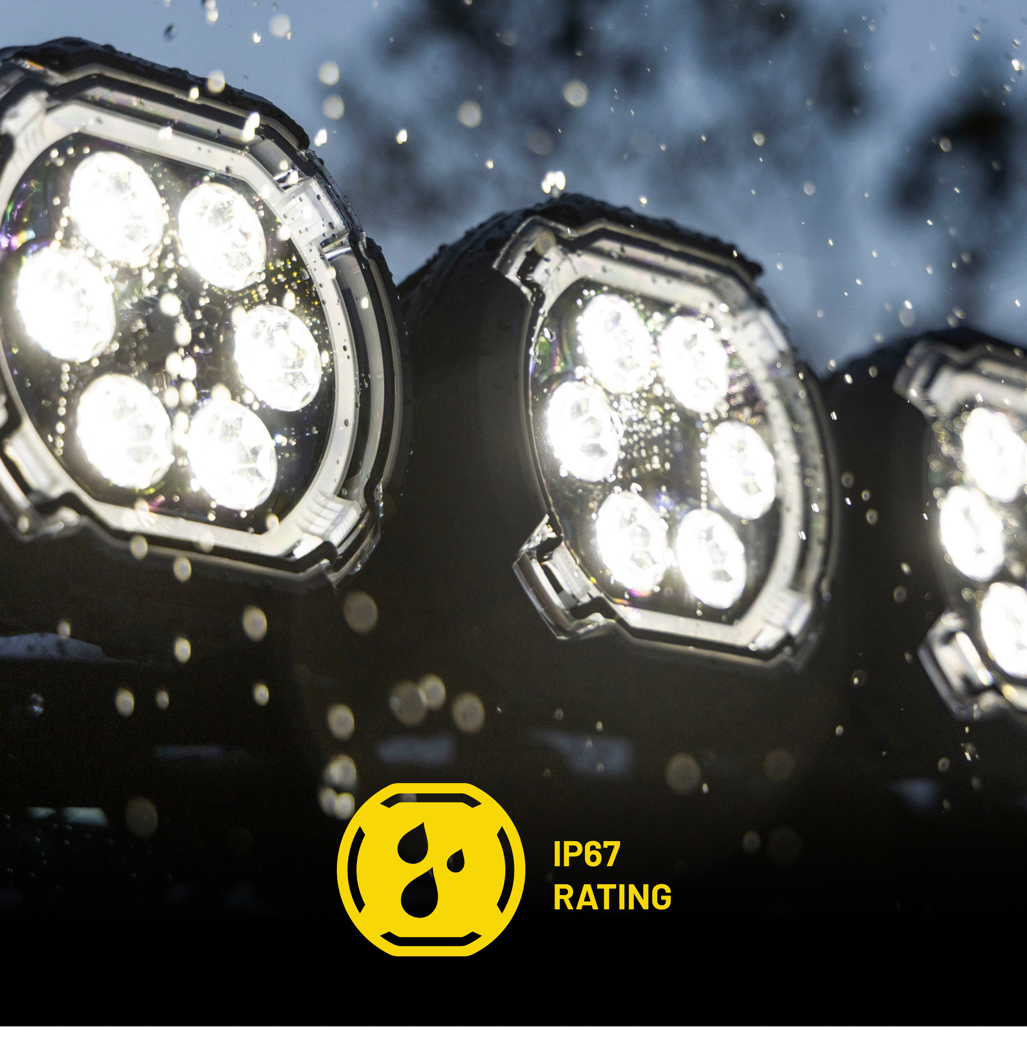 Three illuminated round LED driving lights with water droplets and IP67 rating icon