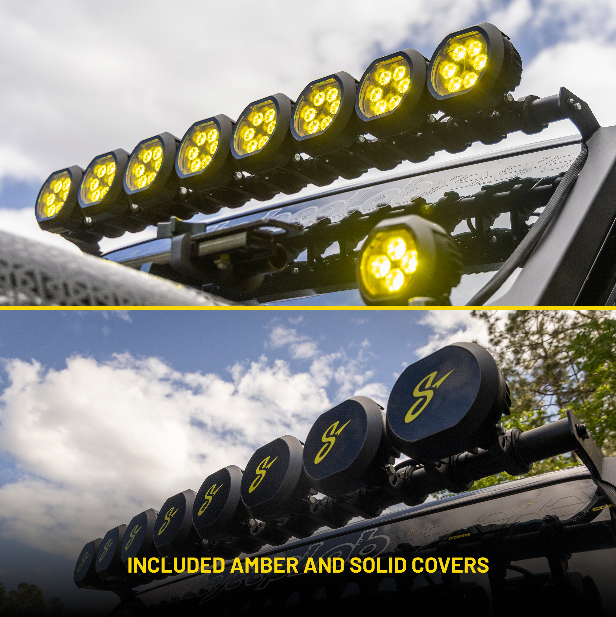 Roof mounted LED light bar with yellow lenses and black protective covers