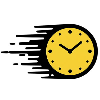 Yellow clock icon with black motion lines indicating speed