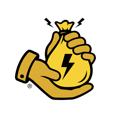Hand holding a yellow money bag with a black lightning bolt icon