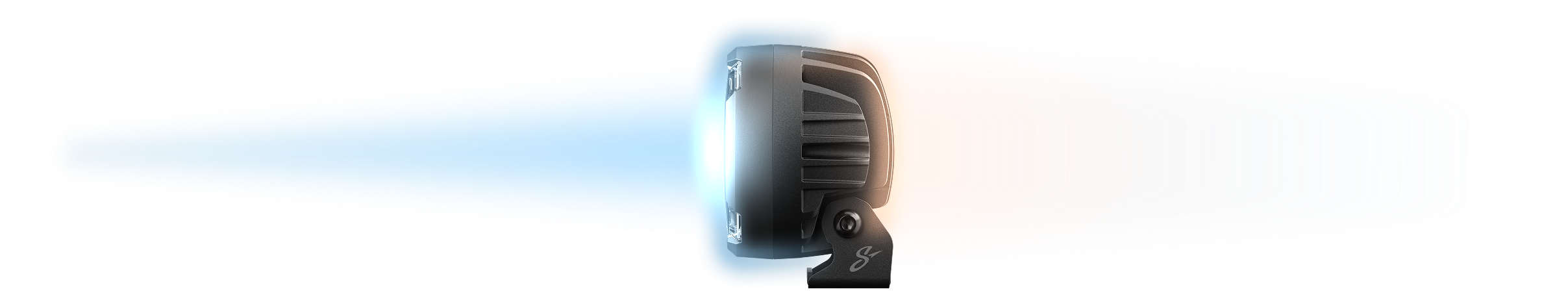 Side view of a circular LED off road light emitting a blue beam