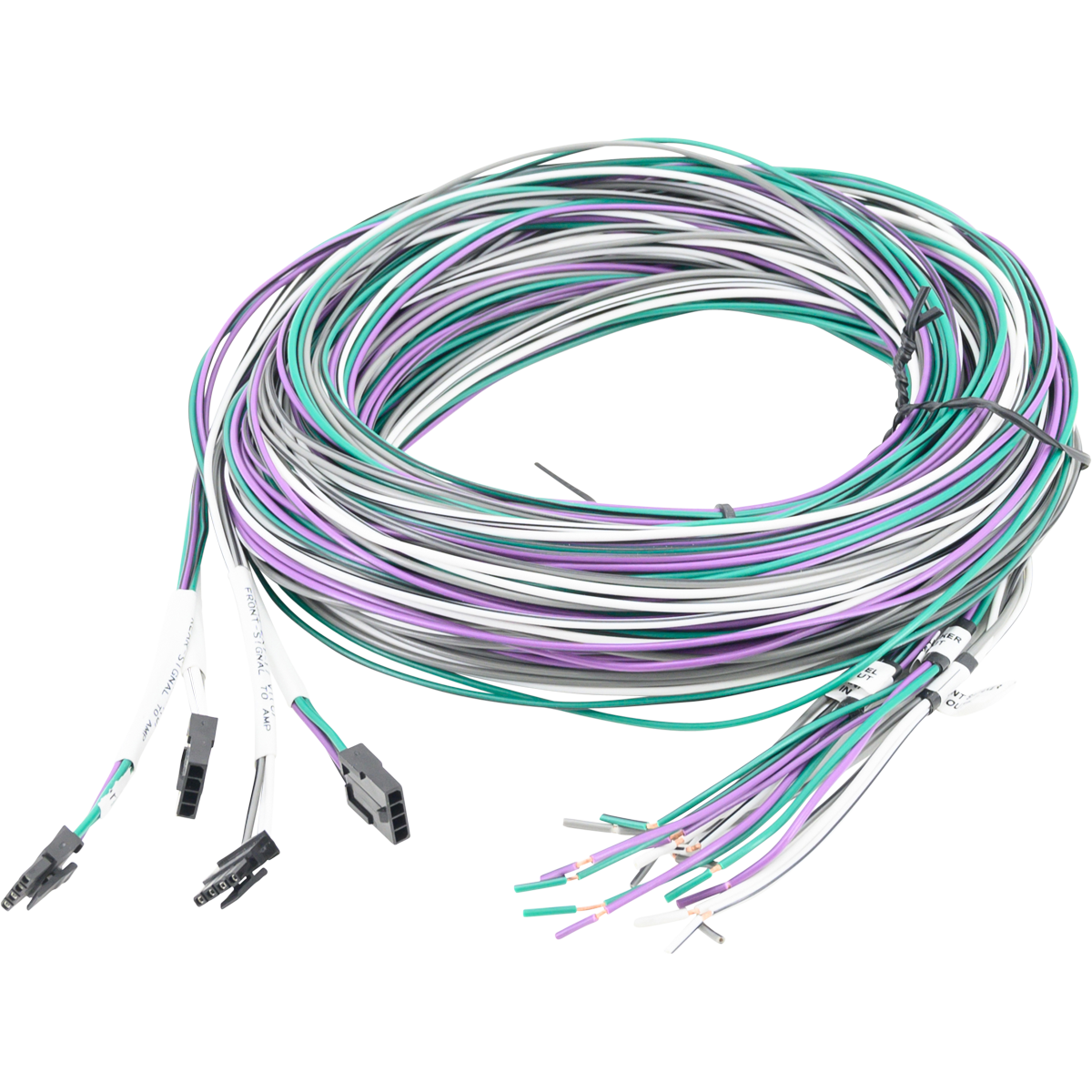 Coiled multi colored electrical wiring harness with connectors