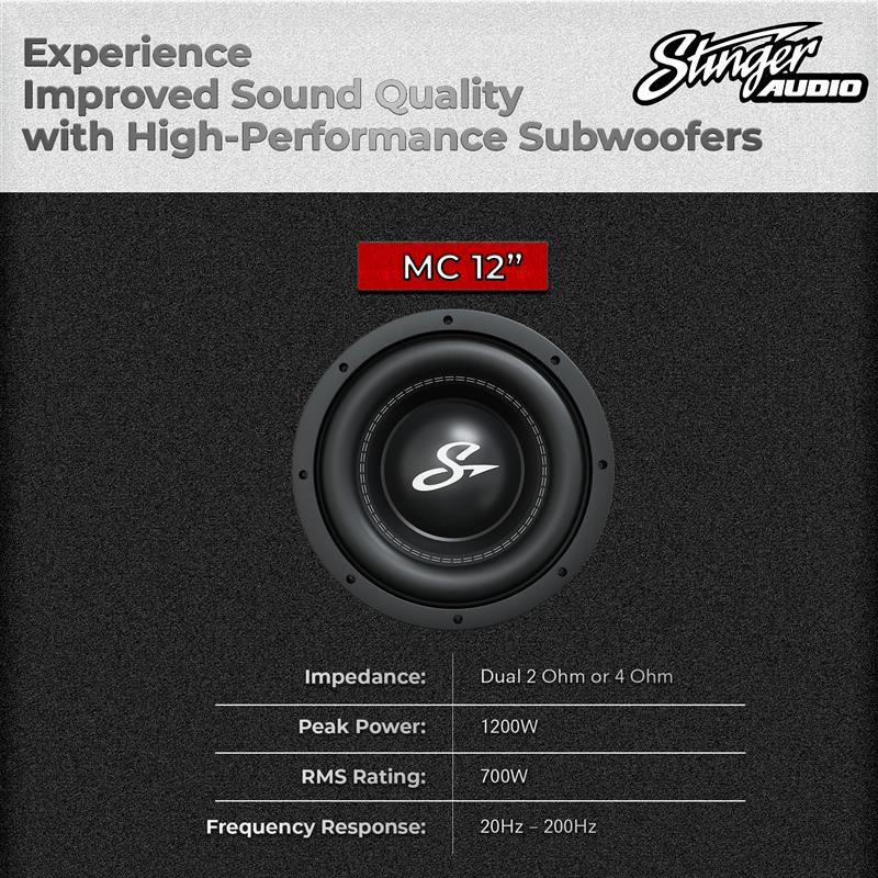 12" 700 Watt (RMS) MC1 Series Peak Power Car Subwoofer (700 Watts RMS/1,200 Watts Max)
