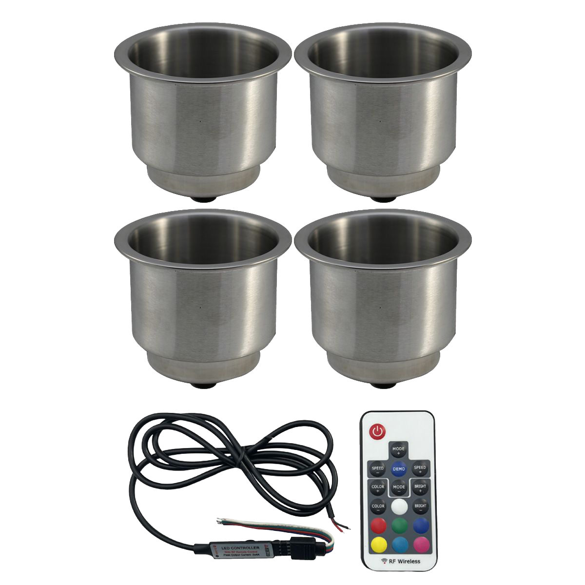 4-CUP Marine 12-Volt Universal Stainless Steel 304 RGB IP67 Multi-Color Glass Bottle and Cup Holder Kit with RF Remote Control