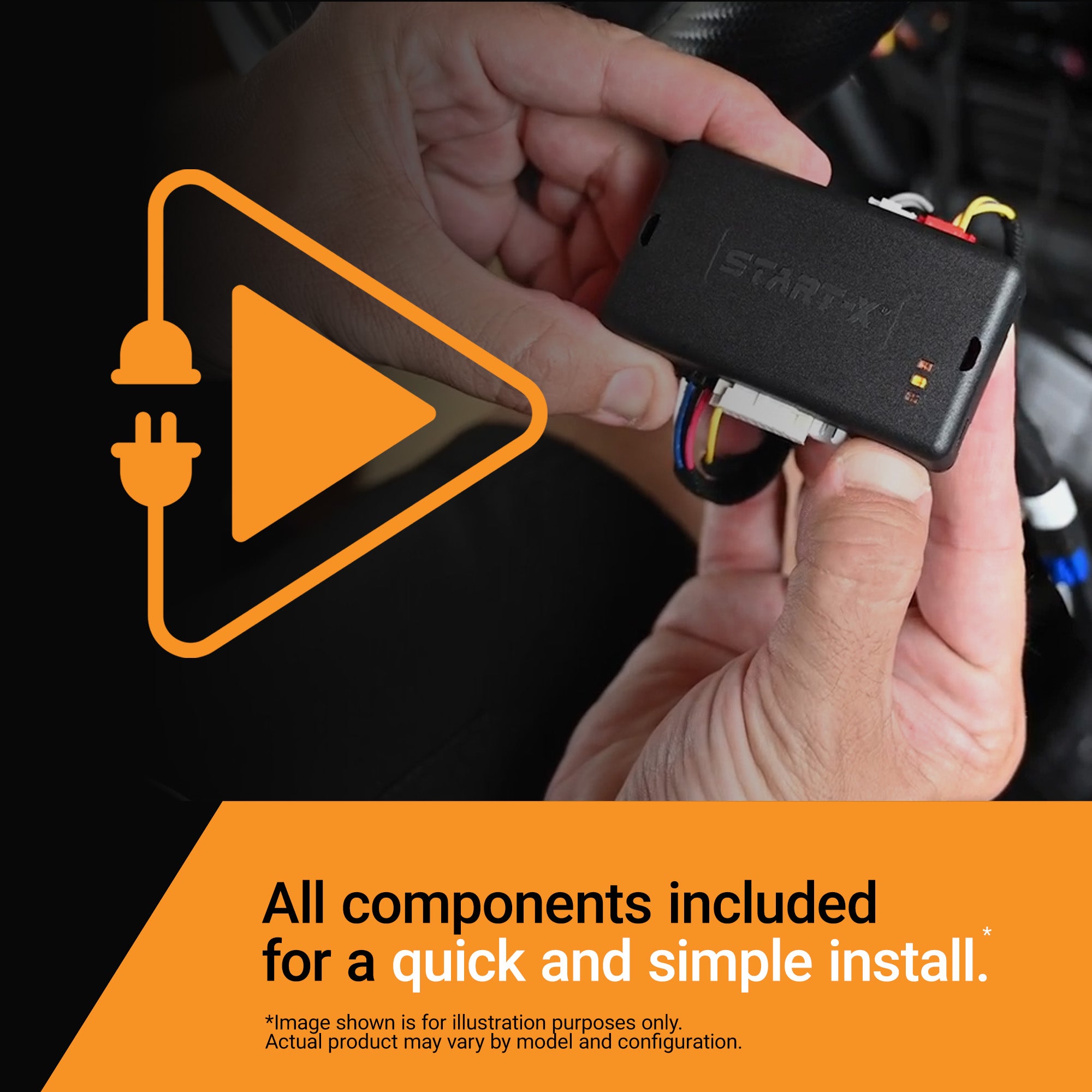 A person holds a small black electronic module labeled START-X over a dark car interior. An orange graphic overlay shows an plug icon and the text 'All components included for a quick and simple install.