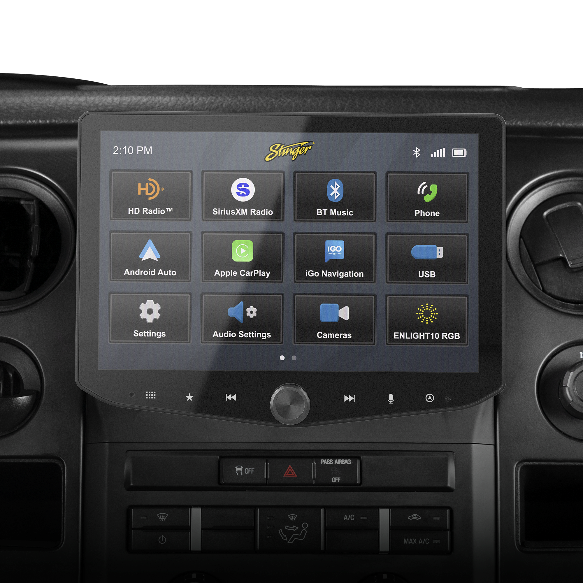 Stinger touchscreen infotainment system installed in a vehicle dashboard 