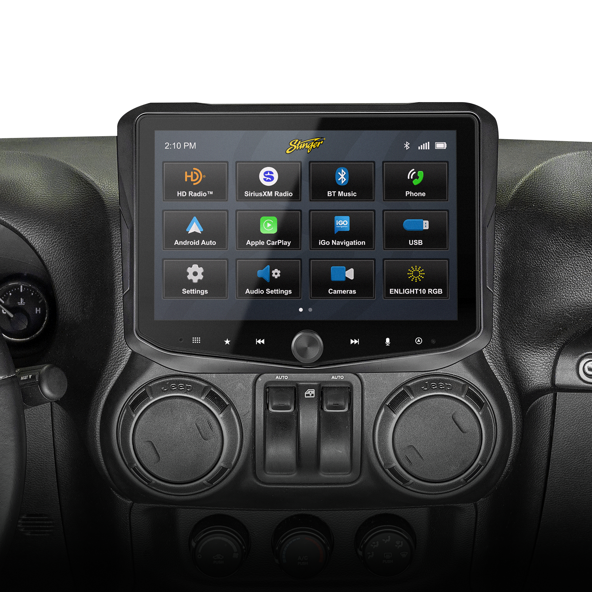 Stinger touchscreen infotainment system installed in a Jeep dashboard