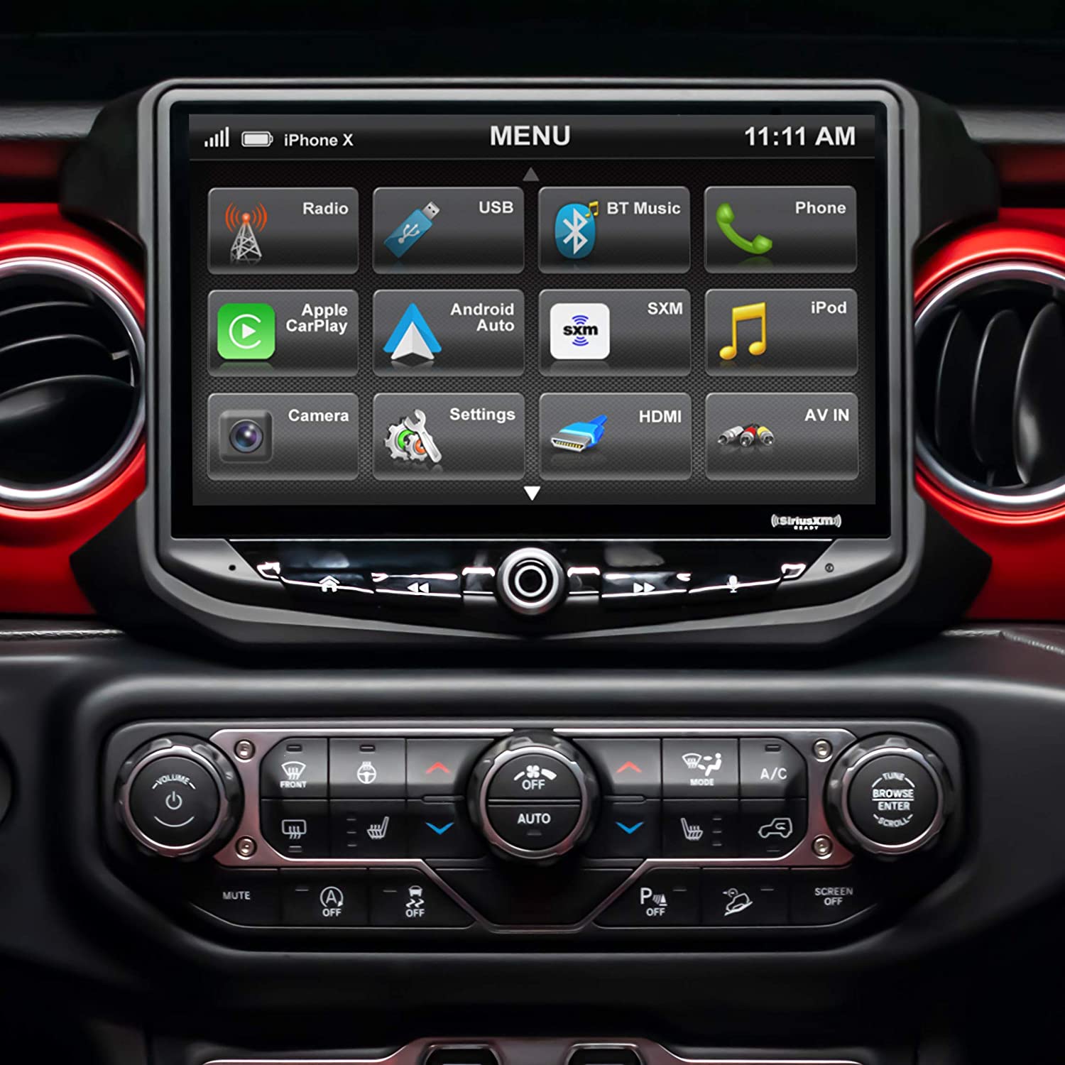 Pictured is the Stinger HEIGH10 10inch radio display, installed into a Jeep JL dash