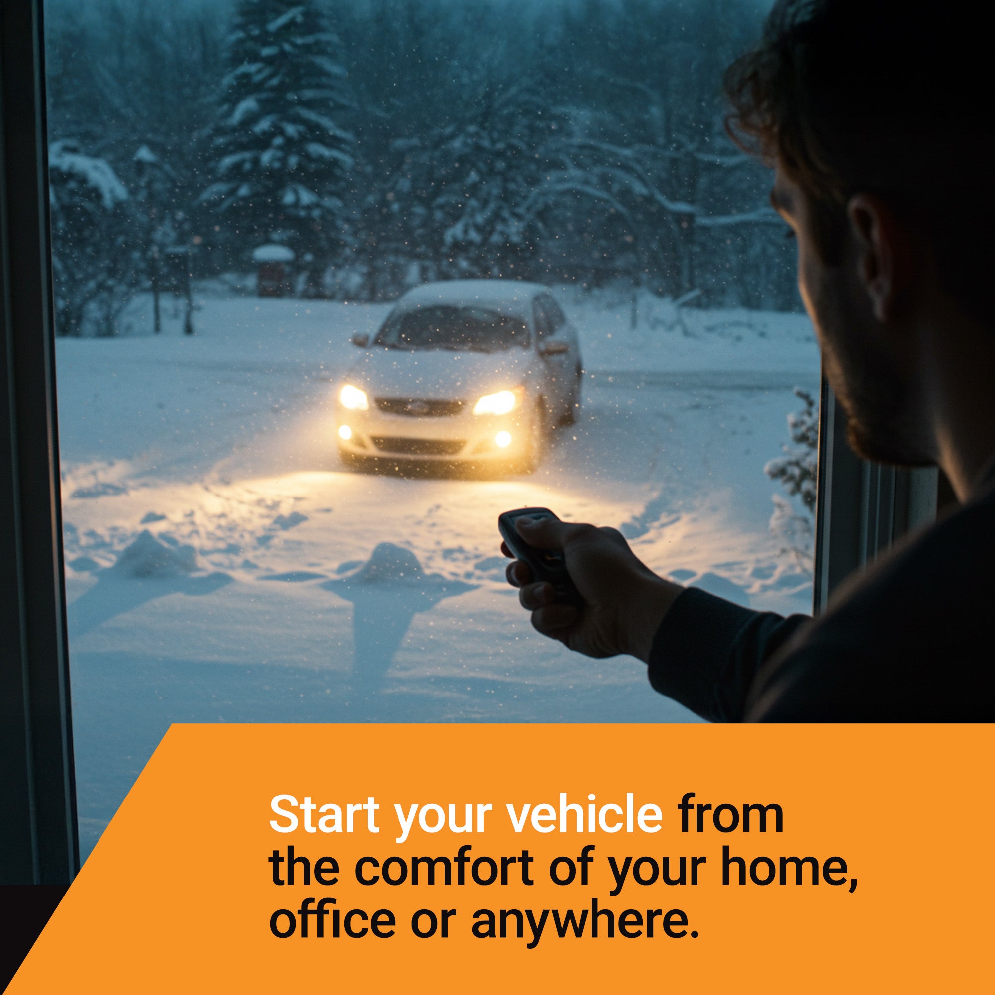 A man in a dark room holds a smartphone while looking out a snowy window at a car with its headlights on. An orange text banner at the bottom reads, 'Start your vehicle from the comfort of your home, office or anywhere.